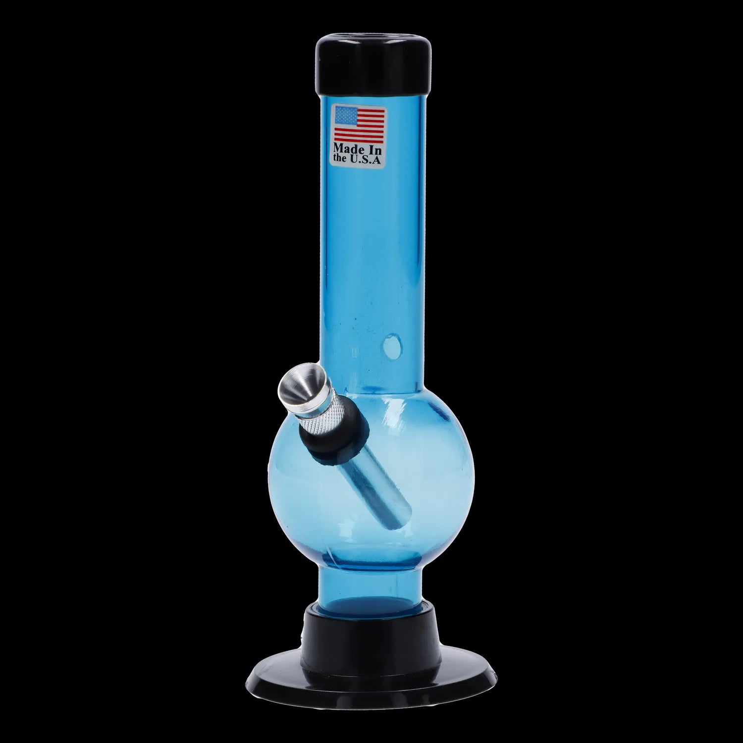 Front view of the 6-inch JM Plastics Mini Bubble Base with Carb Hole acrylic water pipe, showcasing its clear construction.
