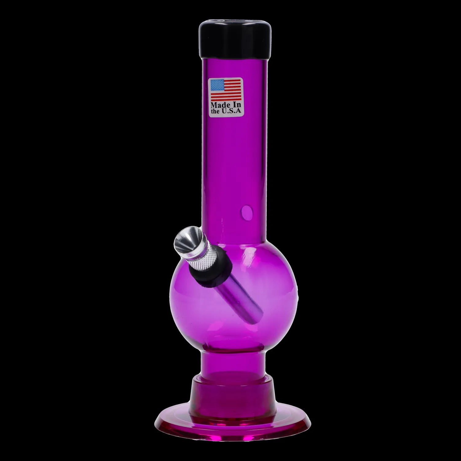 Front view of the JM Plastics Mini Bubble Base with Carb Hole Acrylic Water Pipe, a 6-inch tall purple pipe with a rounded base.