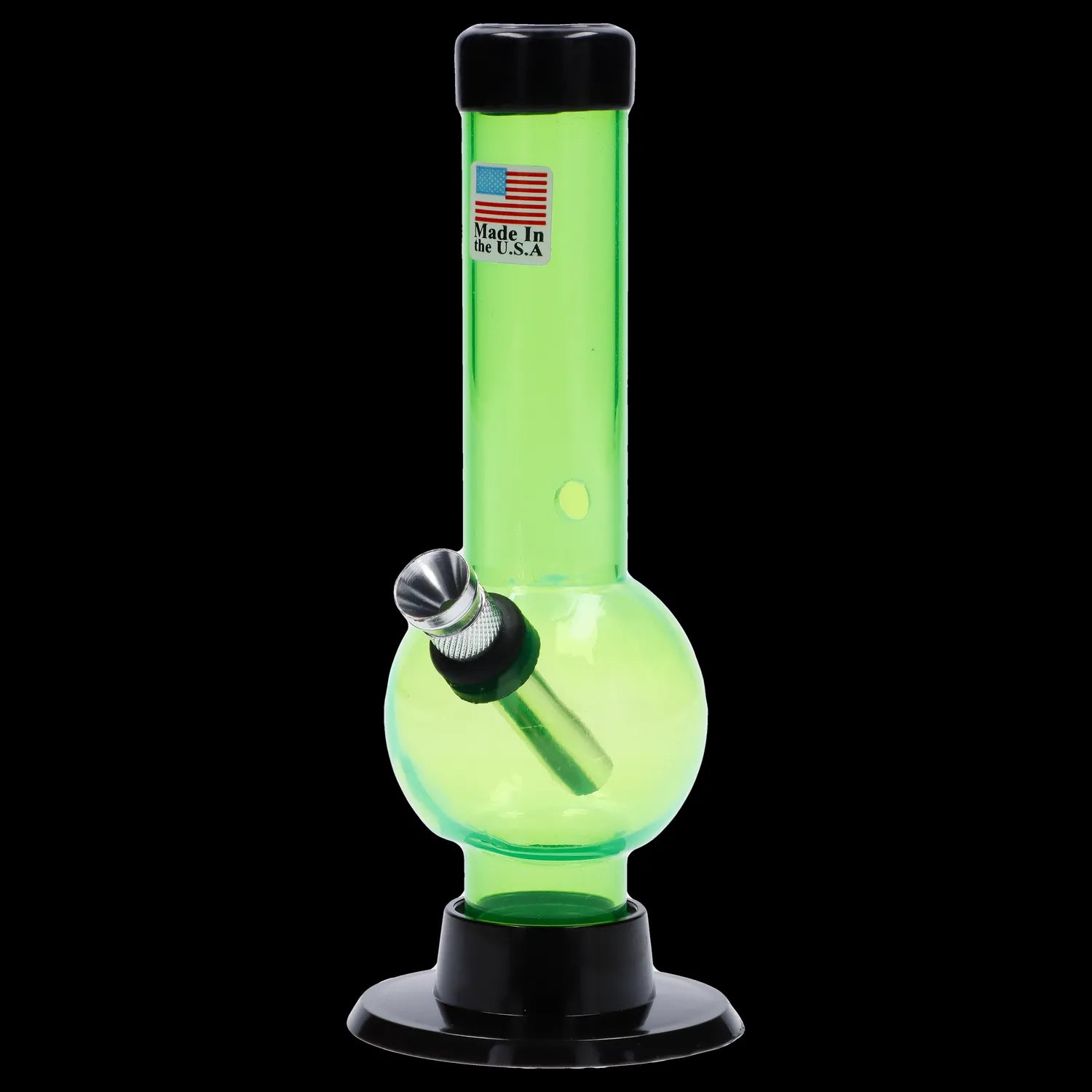Front view of the 6-inch JM Plastics Mini Bubble Base with Carb Hole Acrylic Water Pipe, showing its clear green body and simple base design.