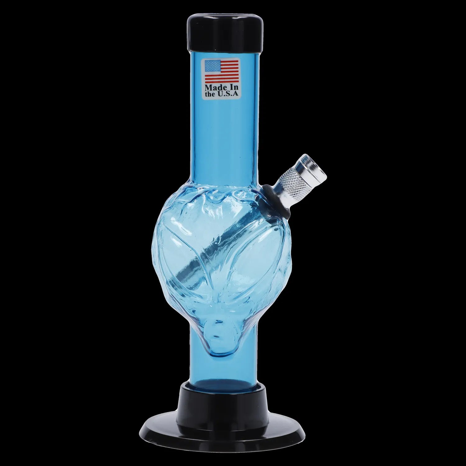 Front view of the JM Plastics Mini Alien Base Acrylic Water Pipe, a 6-inch tall clear acrylic pipe with a unique base design.