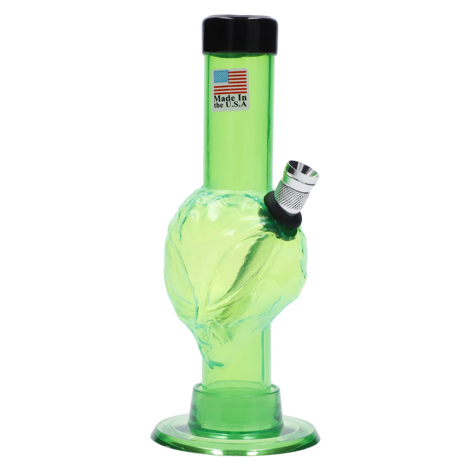 A front view of the 6-inch JM Plastics Mini Alien Base Acrylic Water Pipe, showing its clear green base and smooth acrylic construction.