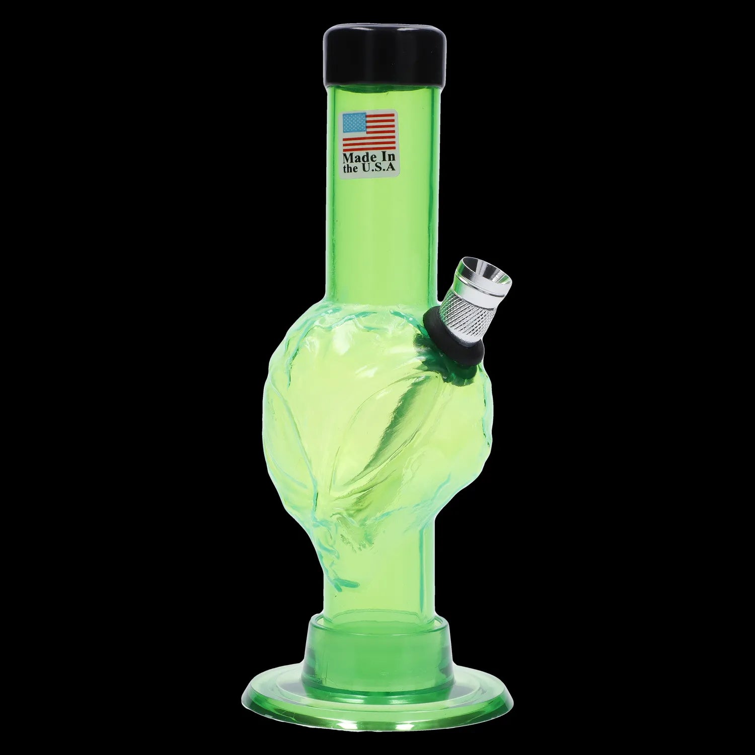 Front view of the 6-inch JM Plastics Mini Alien Base Acrylic Water Pipe with a green translucent base and clear tube.