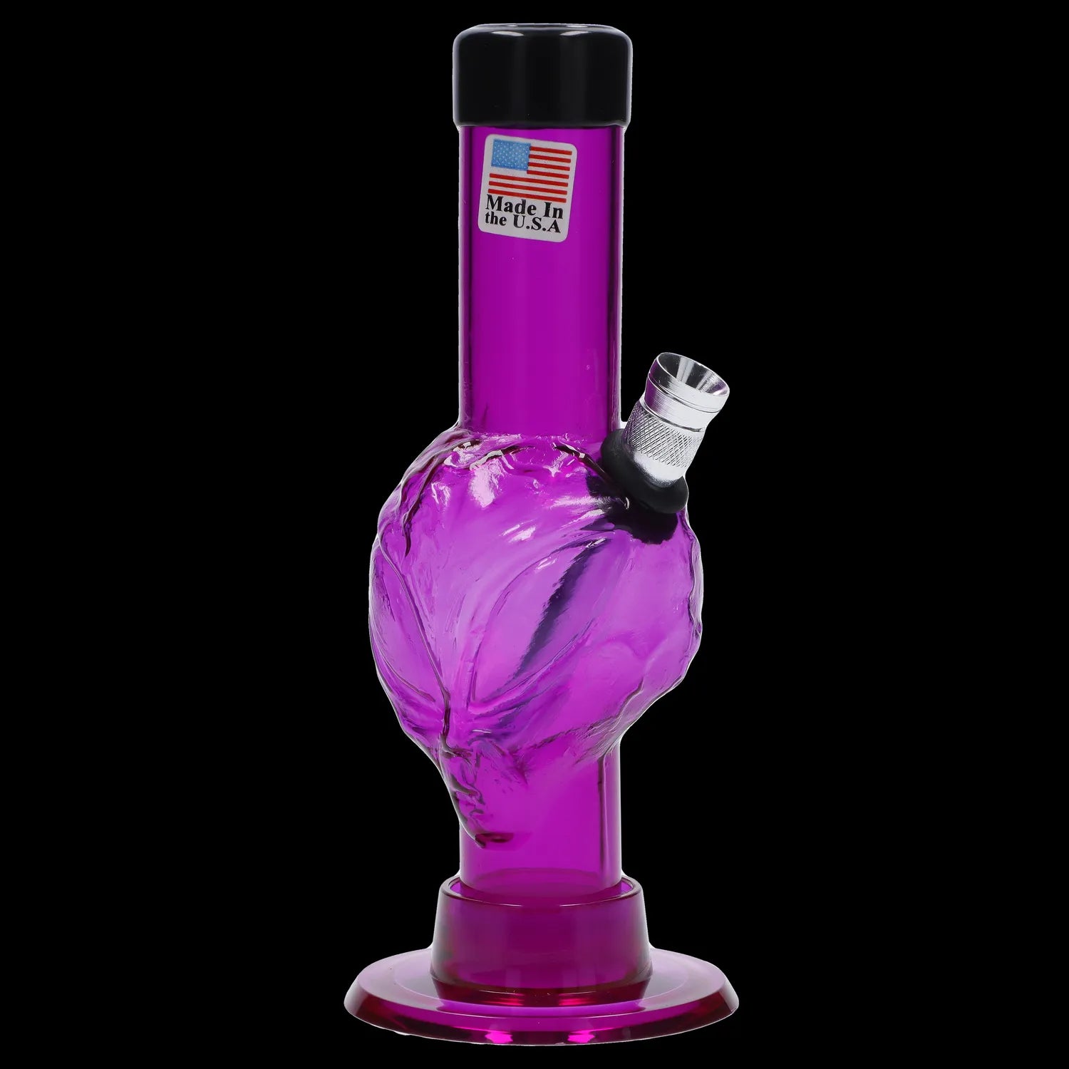 A front view of the 6-inch JM Plastics Mini Alien Base Acrylic Water Pipe, showcasing its clear construction and unique base design.