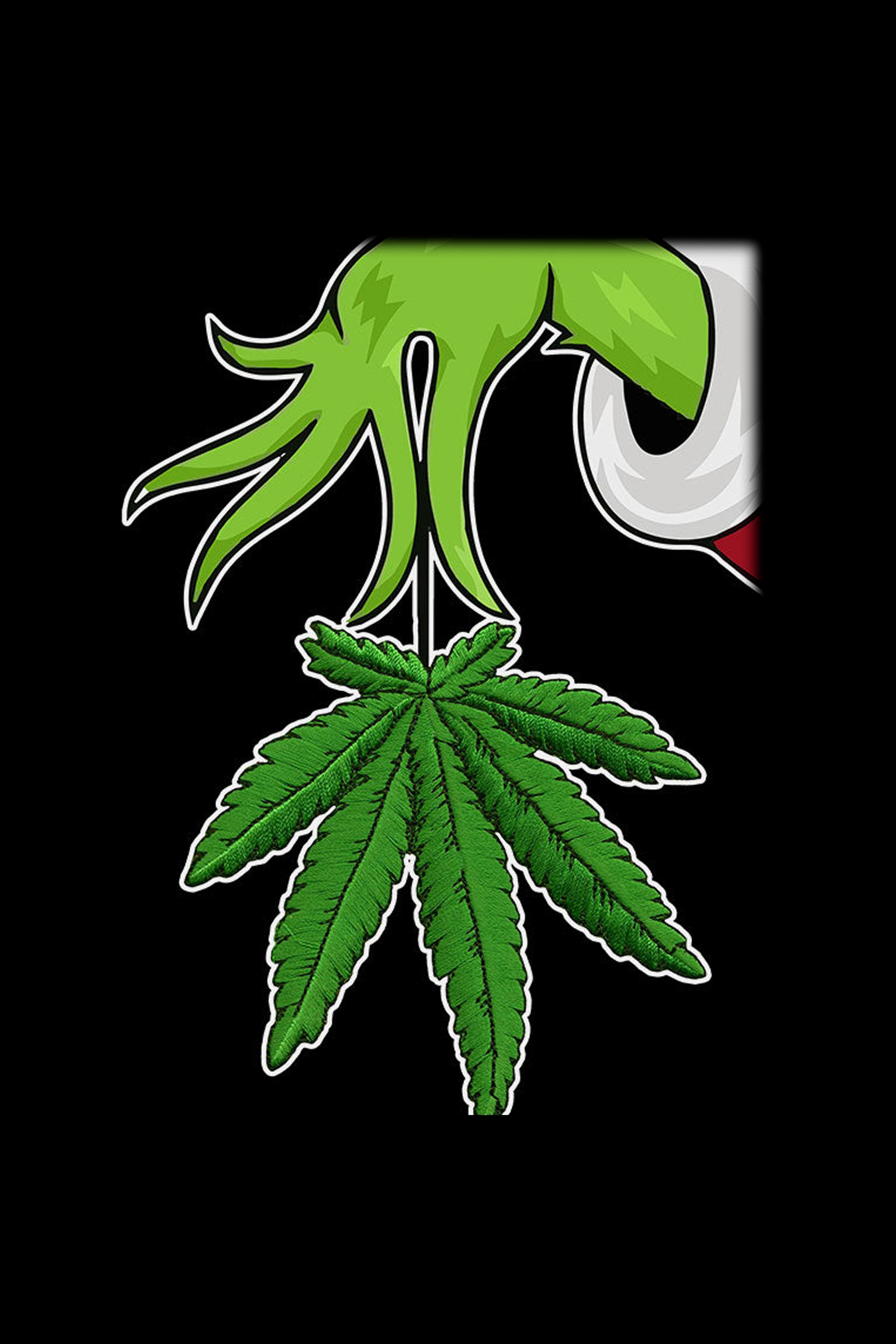 Green cartoon cannabis leaf growing from a glass pipe with white and red accents, isolated on a black background.