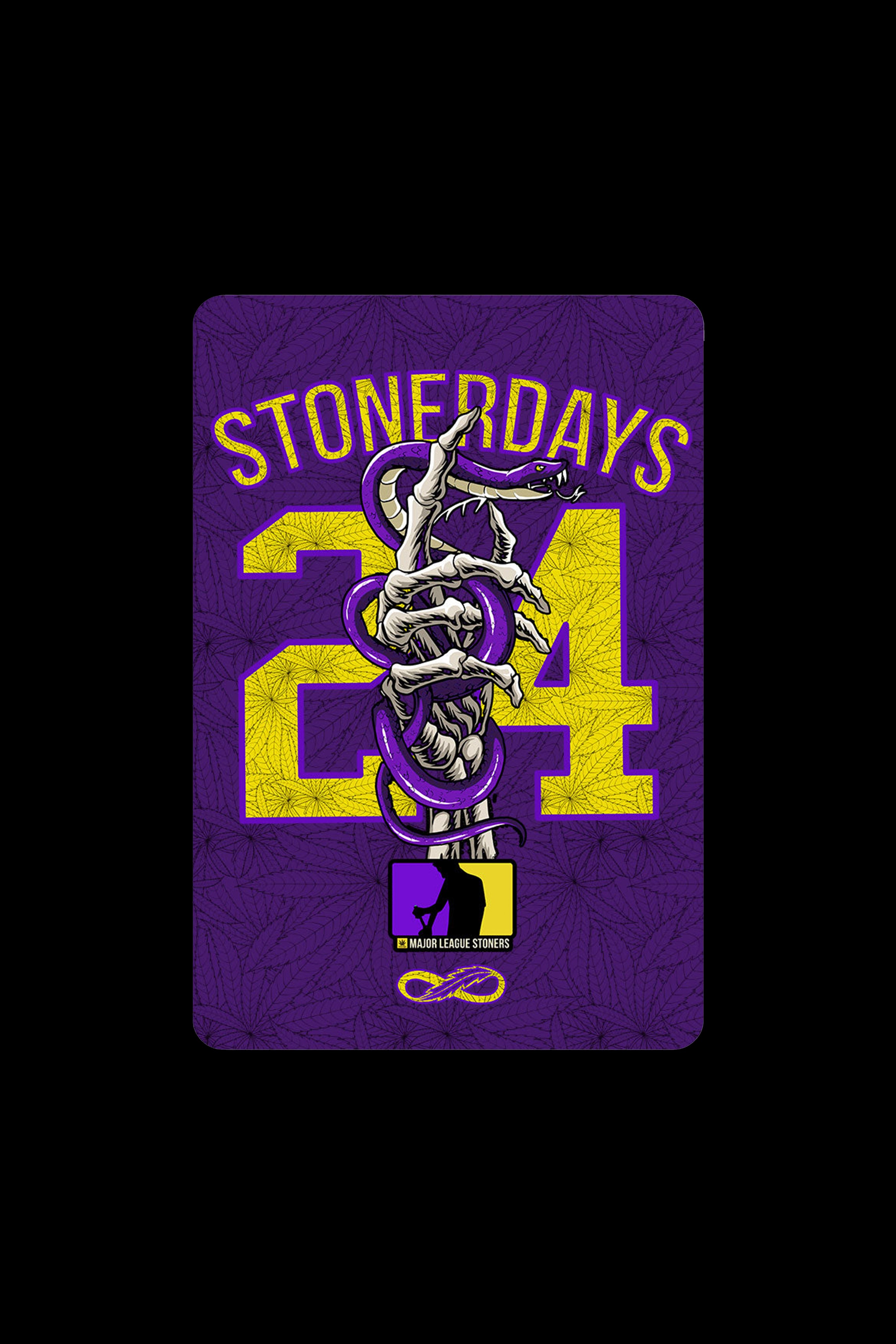 A purple graphic featuring the number "24" in a golden, textured design, intertwined with a golden skeleton hand holding a purple cannabis bud. Text above reads "STONERDAYS" and a logo for "Major League Stoners" is at the bottom.