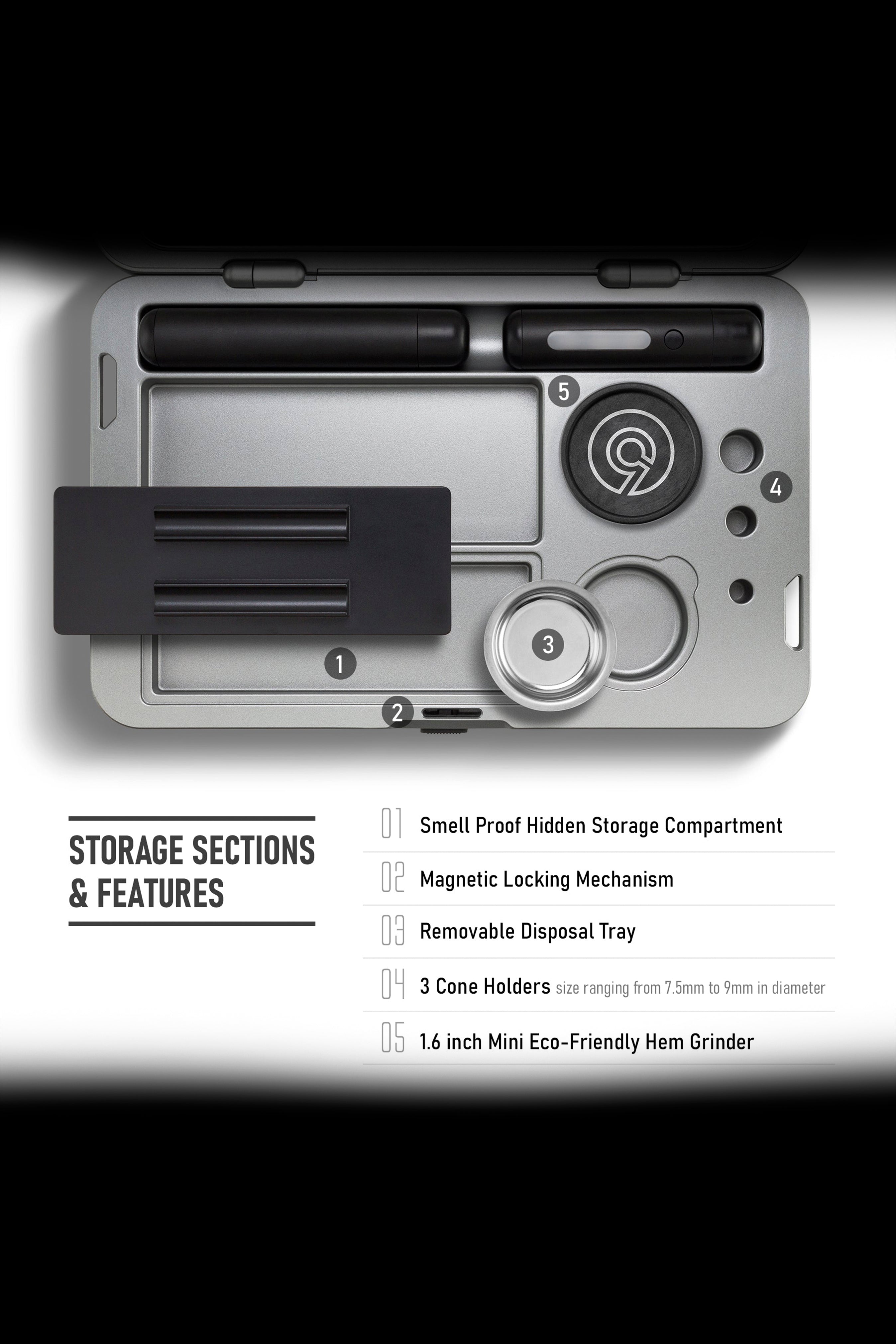 Close-up of a sleek, black cannabis grinder with labeled features including a smell-proof storage compartment, magnetic lock, removable tray, and cone holders.
