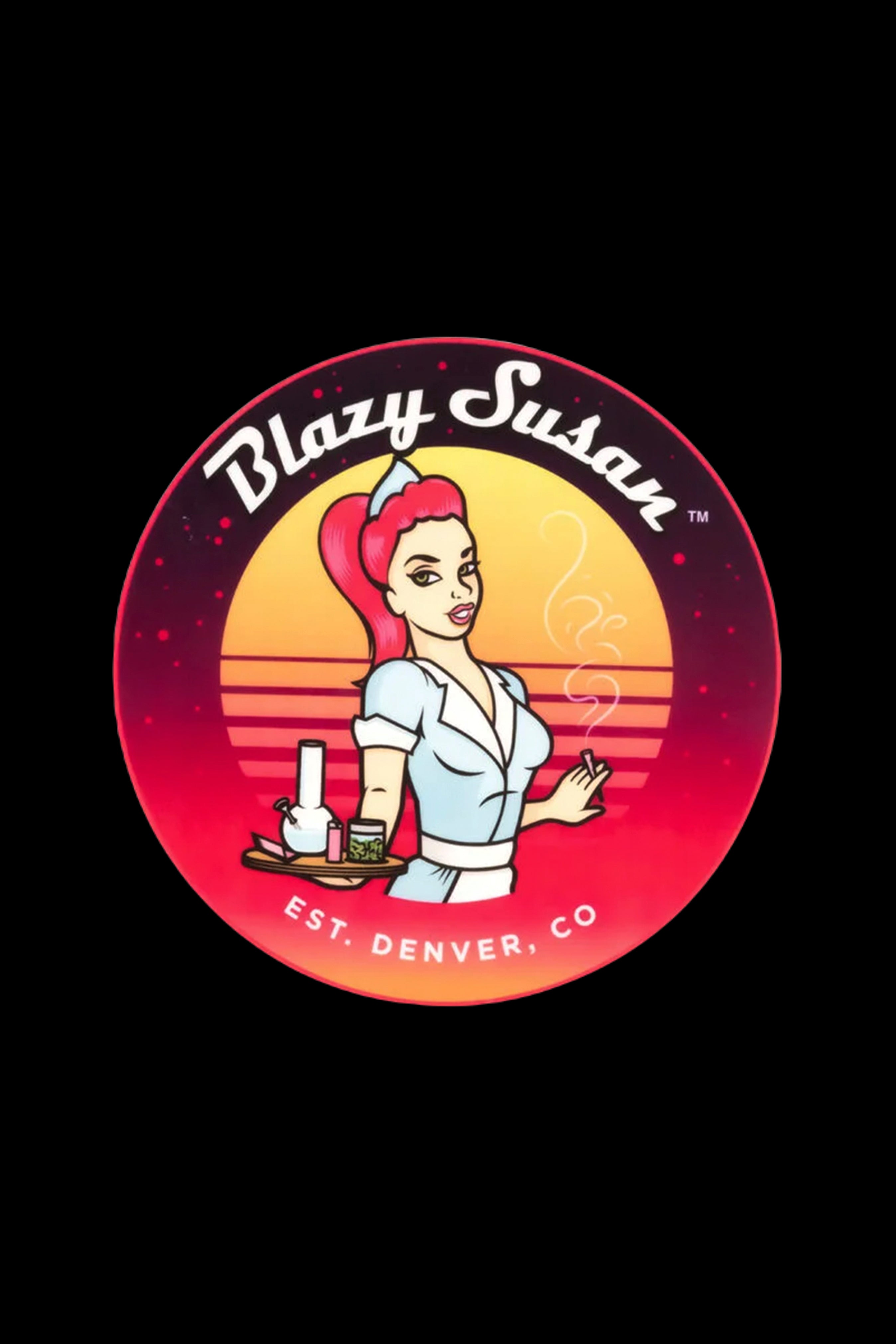 Retro-style logo for “Blazy Susan” cannabis accessories, featuring a diner waitress holding cannabis products against a sunset backdrop.