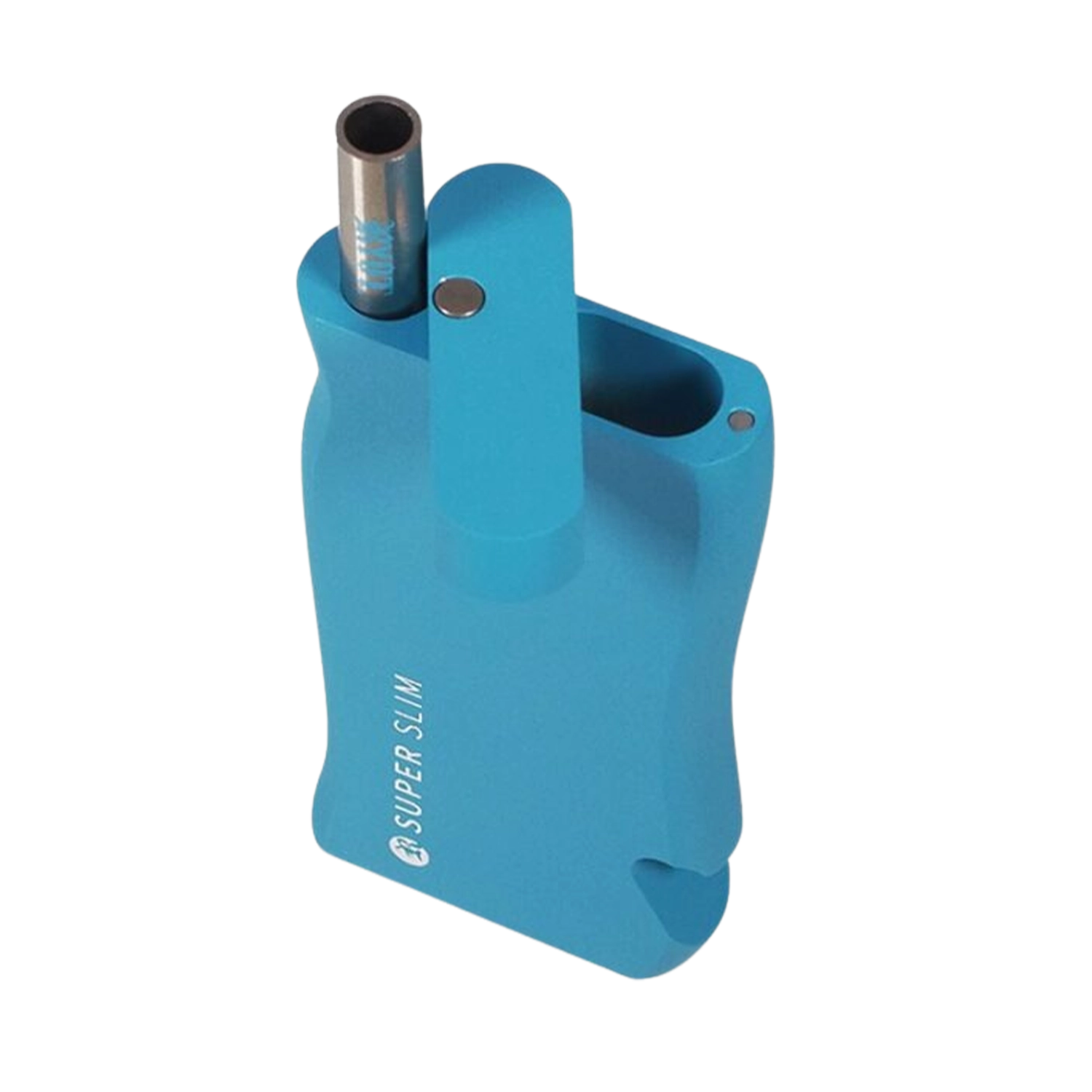Angled top-down view of a bright blue RYOT Super Slim Magnetic Dugout With One Hitter showing the open magnetic lid and metal one-hitter tube.