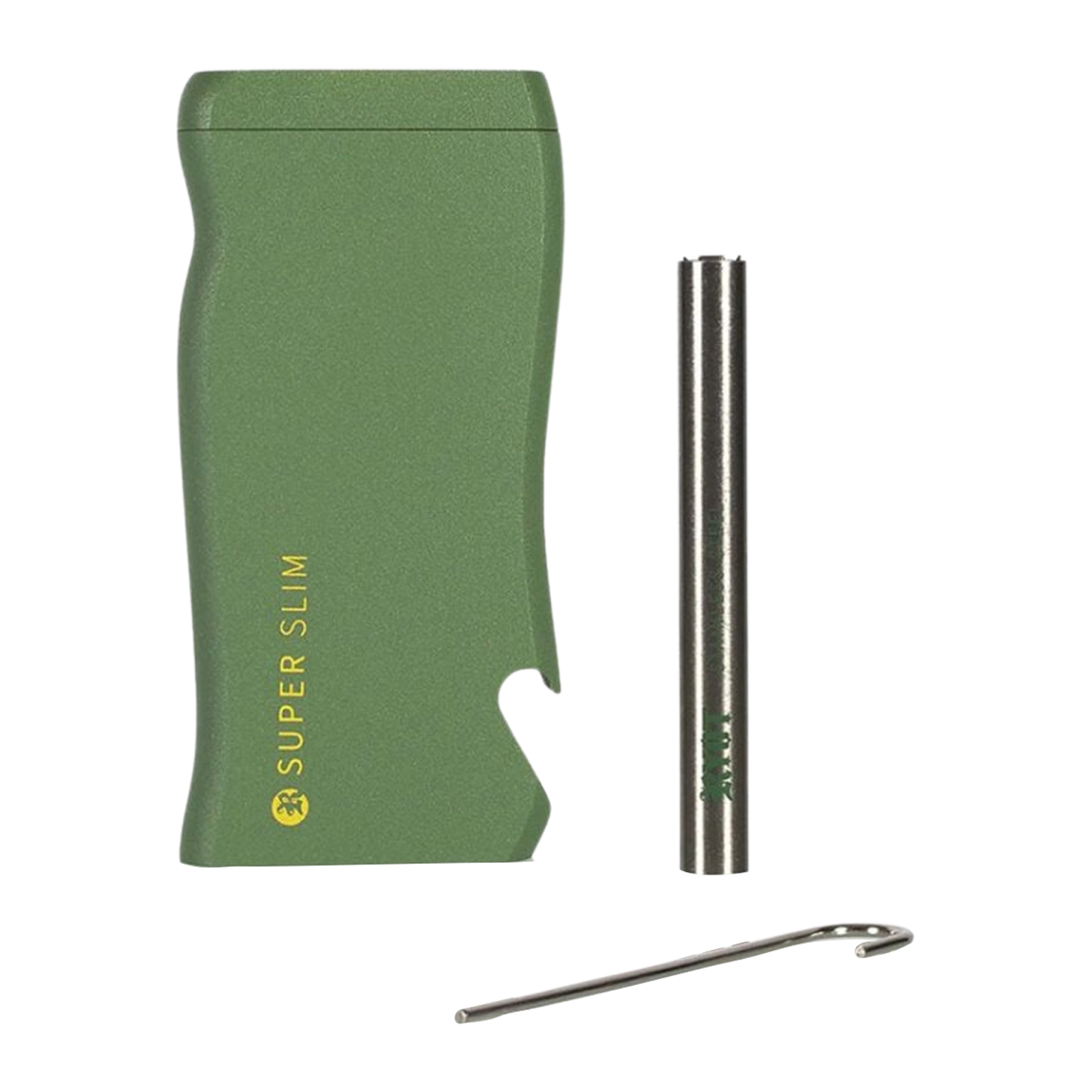 Side view of the green RYOT Super Slim Magnetic Dugout With One Hitter and its stainless steel one-hitter standing upright beside it.