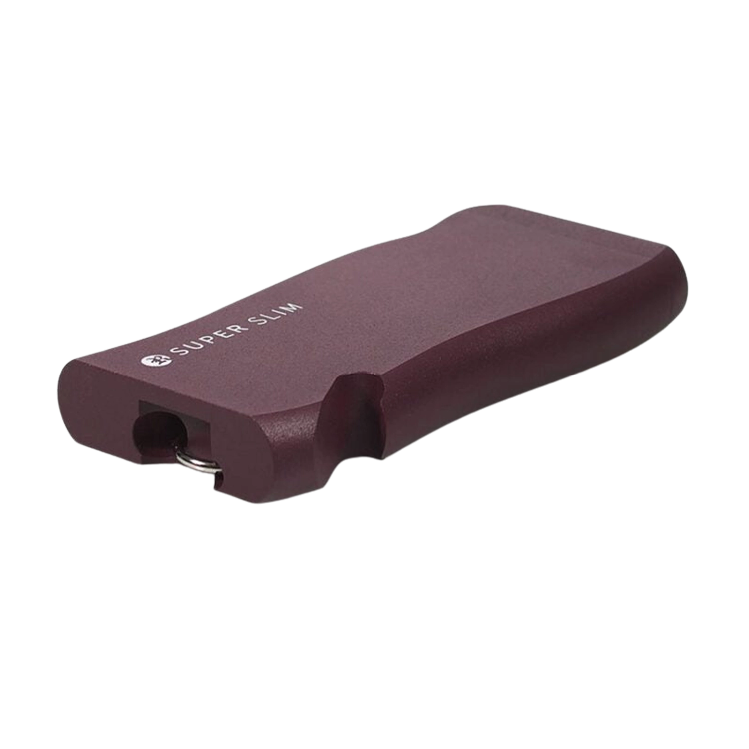 Angled close-up of the burgundy RYOT Super Slim Magnetic Dugout With One Hitter showing its slim curved body, corner opening, and small metal loop.
