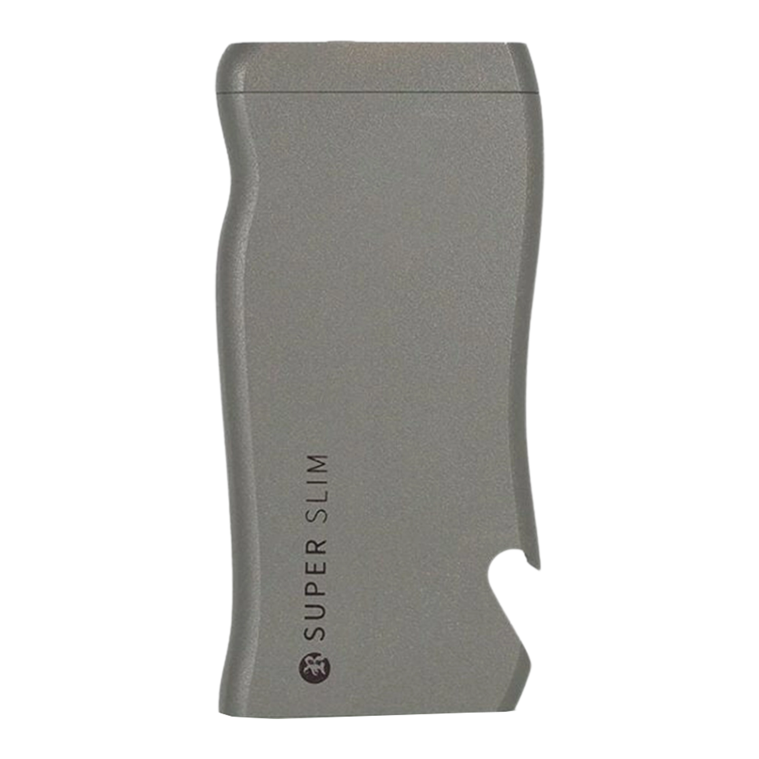 Close-up vertical view of the gray RYOT Super Slim Magnetic Dugout With One Hitter showing its smooth curved side, printed "SUPER SLIM" text, and a small cutout near the bottom.