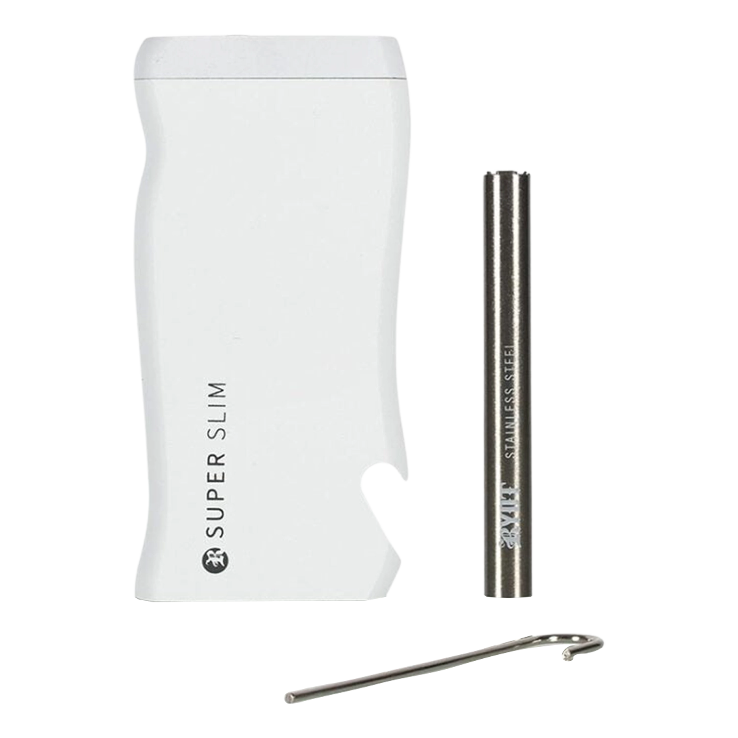 Close-up front view of the white RYOT Super Slim Magnetic Dugout With One Hitter showing the slim case, stainless-steel one-hitter, and metal poker on a white background