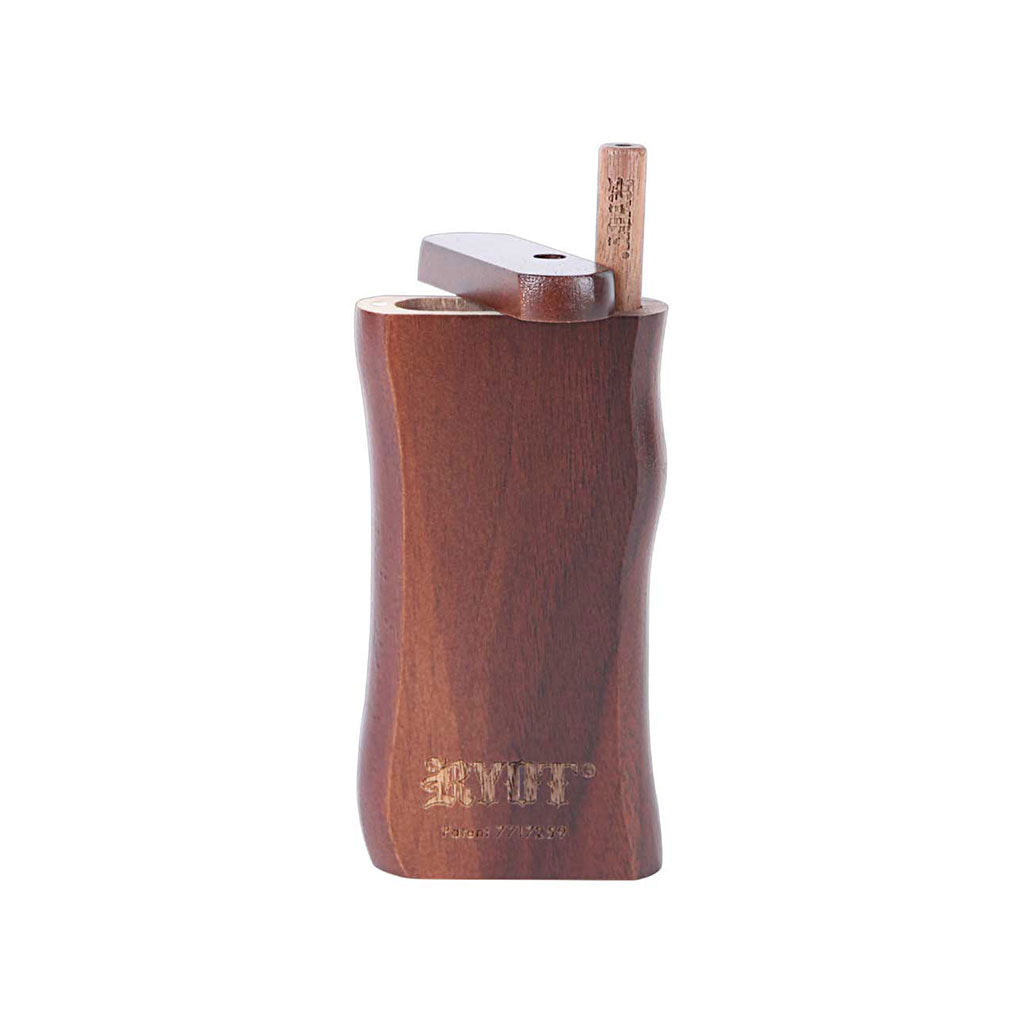 Front-facing shot of the RYOT Wooden Magnetic Dugout With Matching One Hitter in warm maple tones, lid open and one-hitter standing upright against a white background.