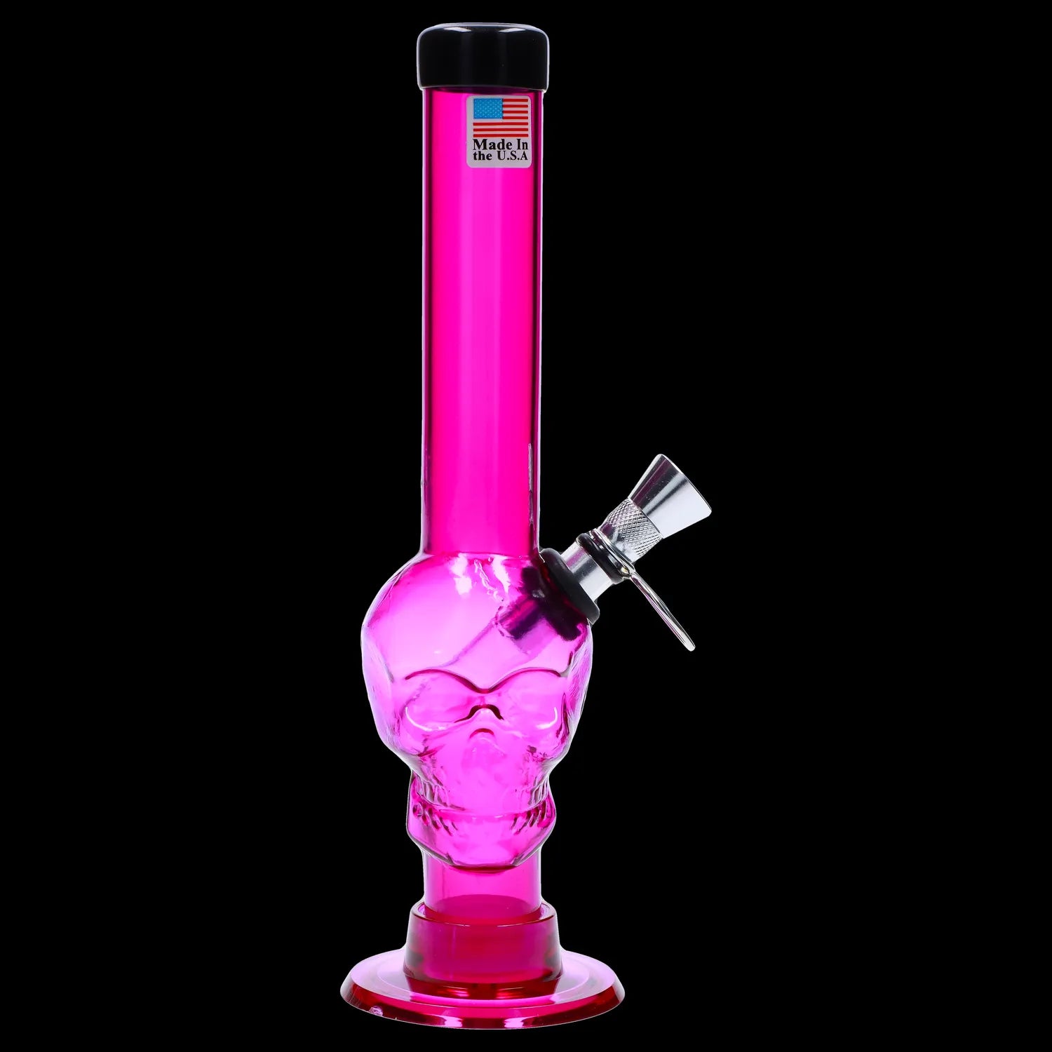 Front view of the 8-inch JM Plastics Skull Base with Pull Slide Acrylic Water Pipe, showing the skull-shaped base and clear acrylic construction.