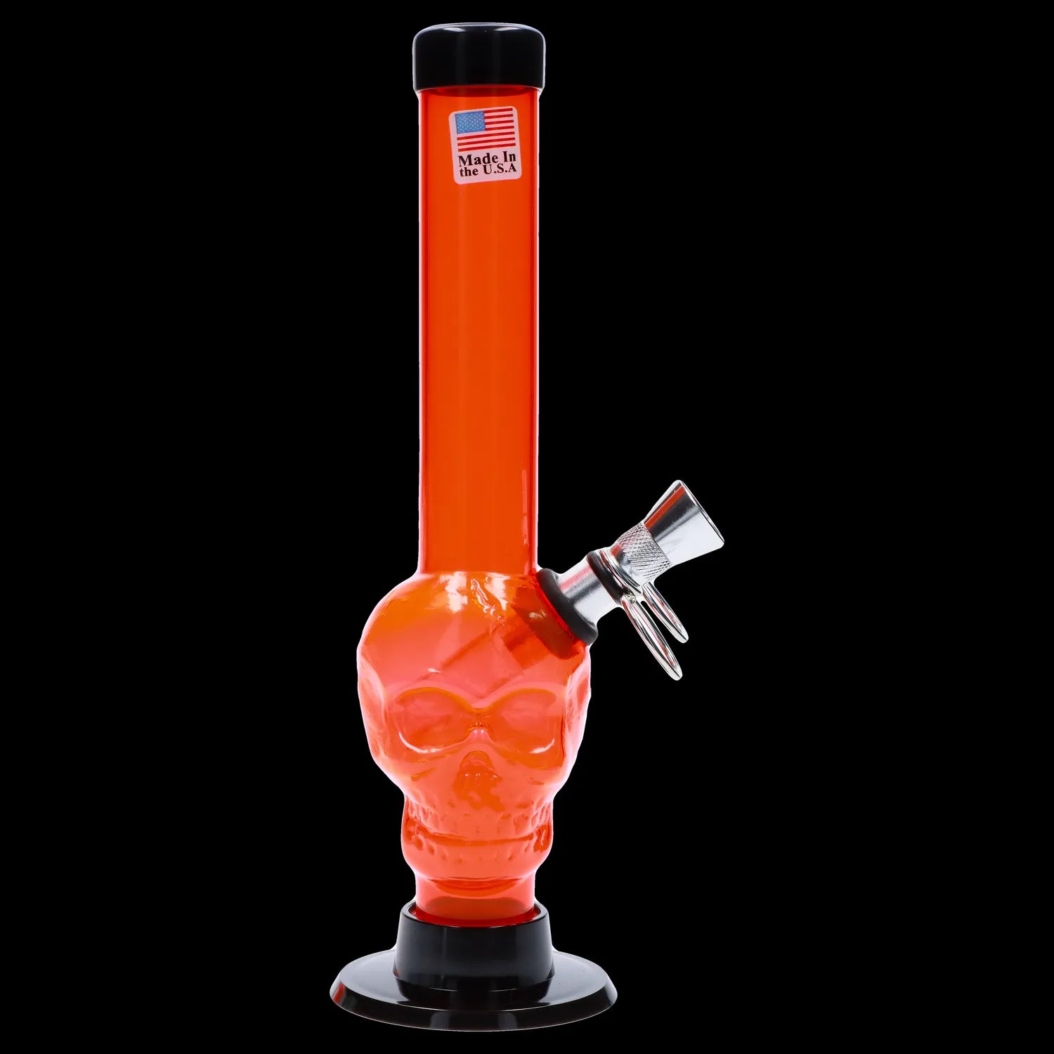 Front view of the 8-inch JM Plastics Skull Base with Pull Slide Acrylic Water Pipe, featuring a skull-shaped base and clear acrylic construction.