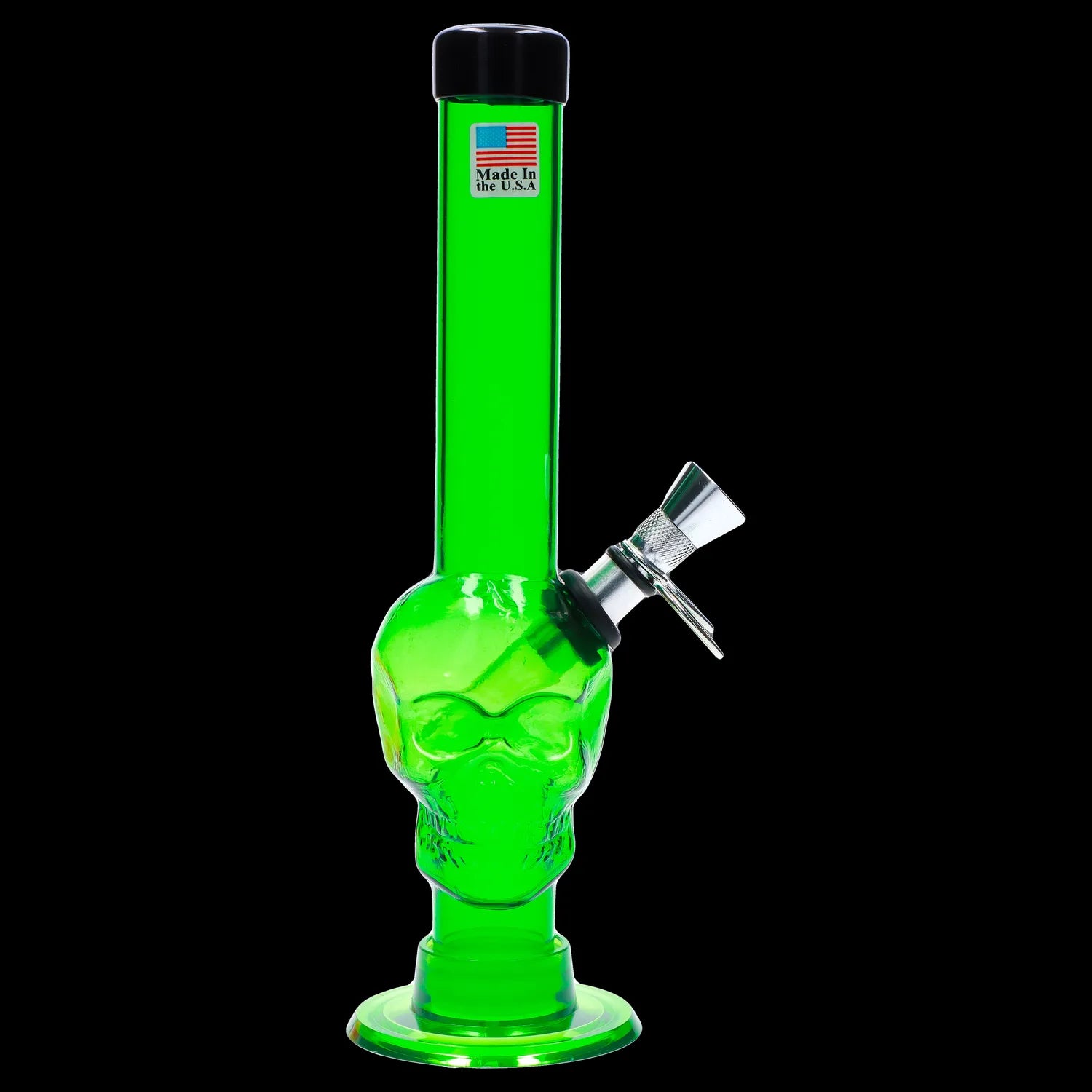 Front view of the 8-inch JM Plastics Skull Base with Pull Slide Acrylic Water Pipe, featuring a skull-shaped base and clear acrylic construction.