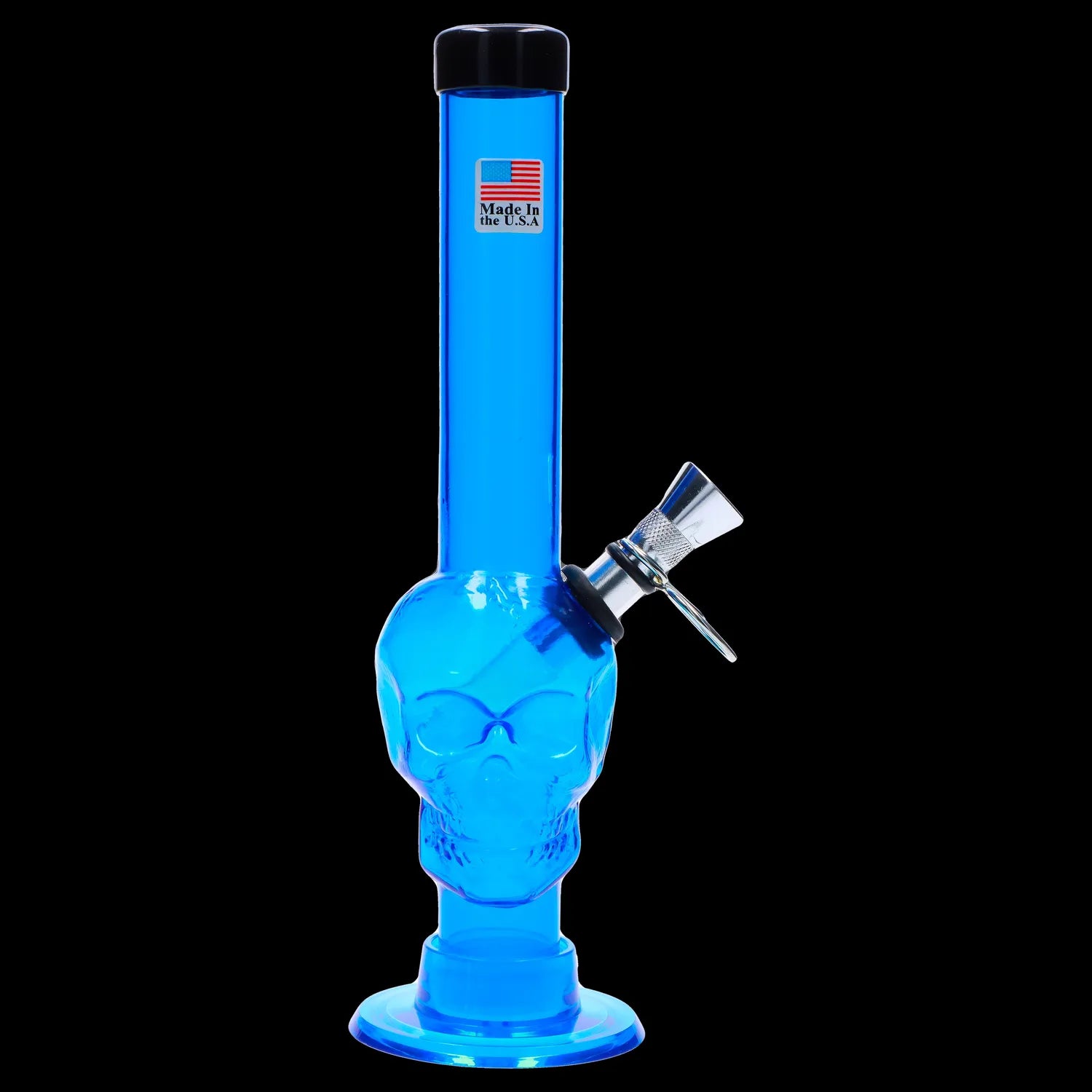 Front view of the 8-inch JM Plastics Skull Base with Pull Slide Acrylic Water Pipe, showcasing its translucent blue design.