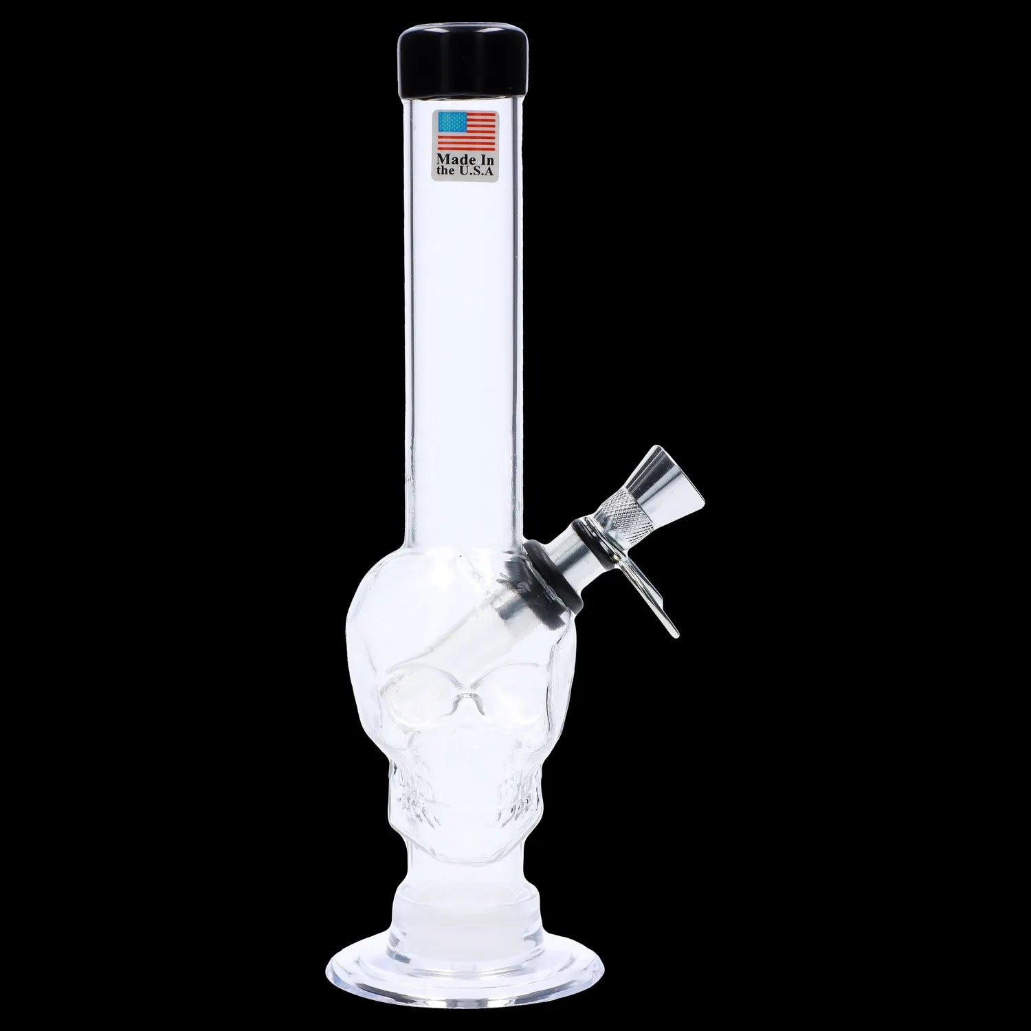 A front view of the 8-inch JM Plastics Skull Base with Pull Slide Acrylic Water Pipe, showcasing its clear construction and skull-shaped base.
