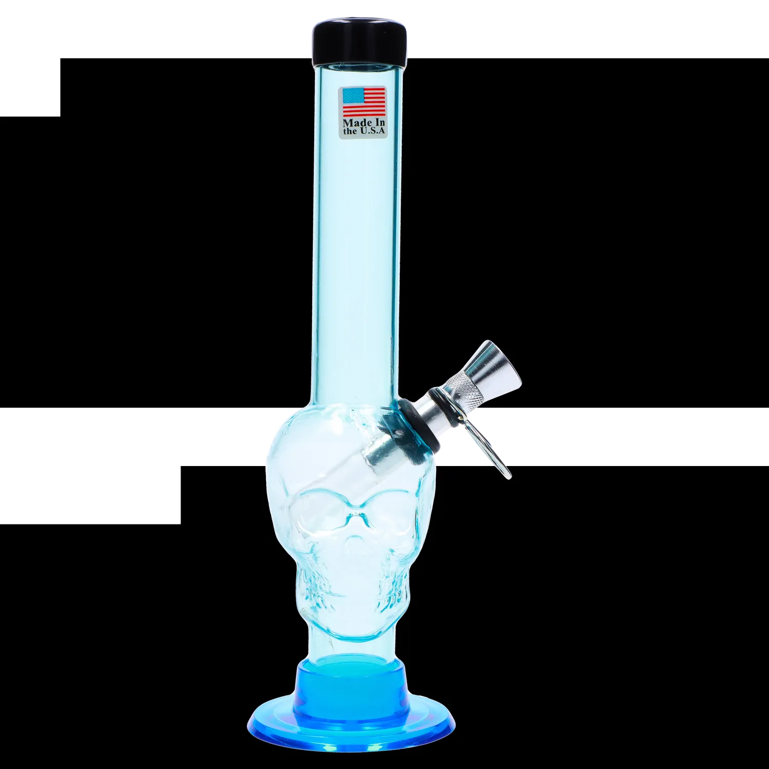 Front view of the 8-inch JM Plastics Skull Base with Pull Slide Acrylic Water Pipe, featuring a clear acrylic body and skull-shaped base.