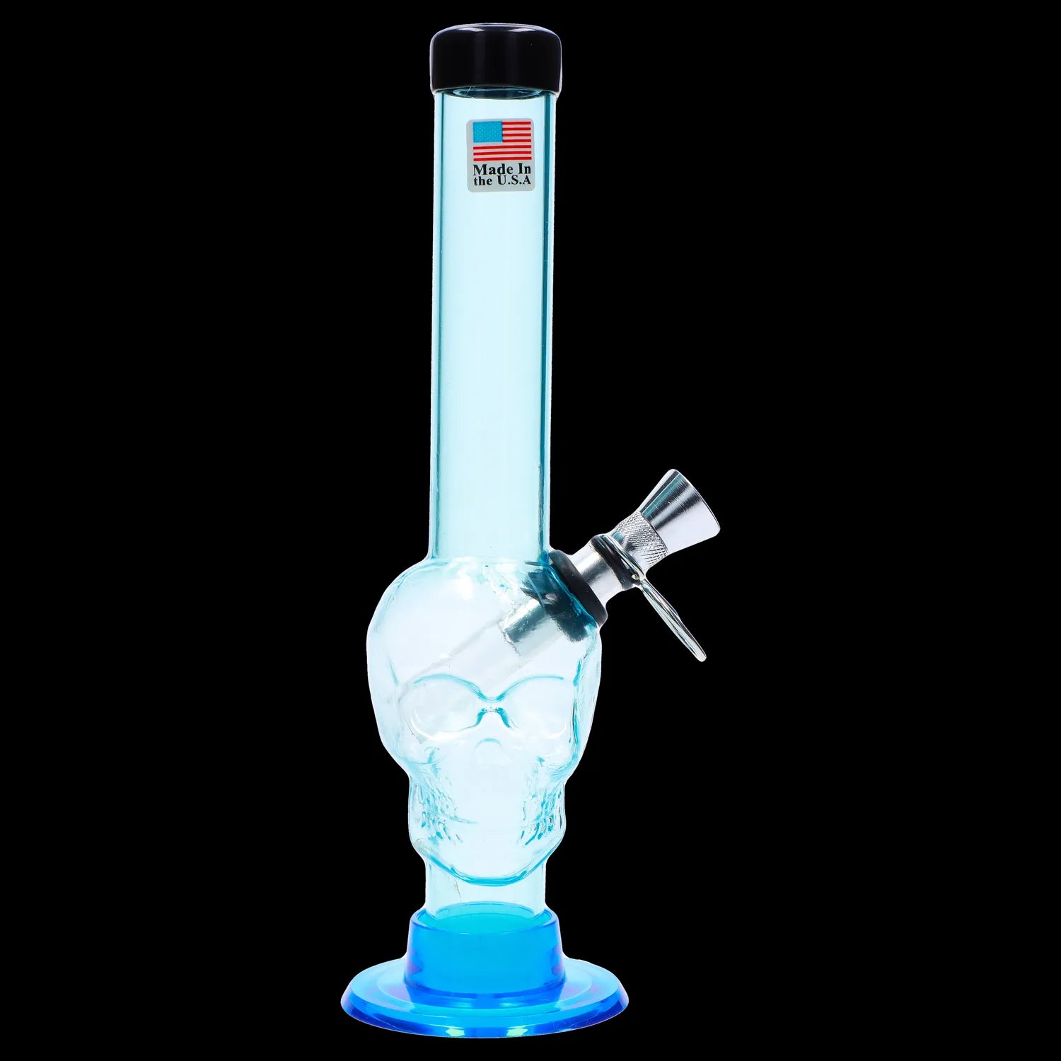 Front view of the 8-inch JM Plastics Skull Base with Pull Slide Acrylic Water Pipe, featuring a blue base and clear acrylic body.