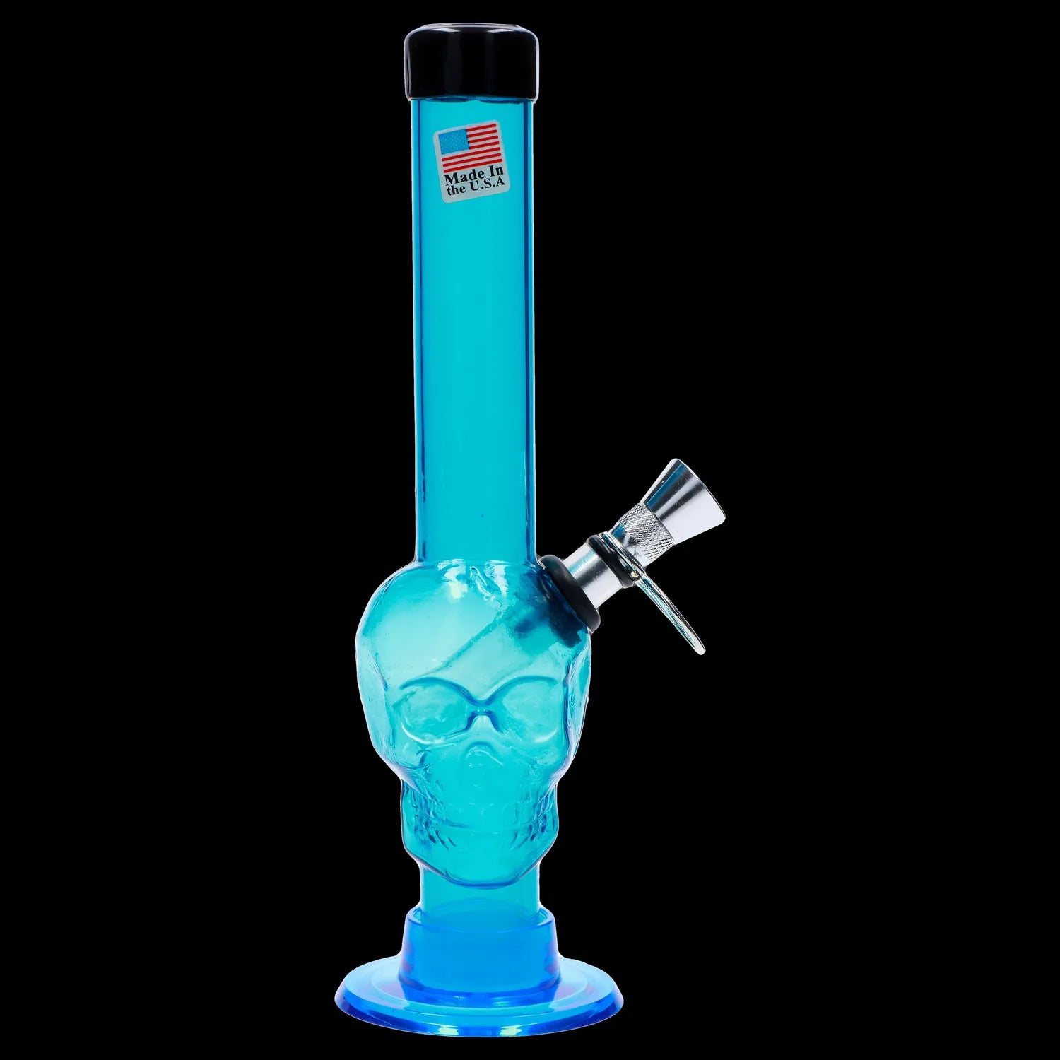 Front view of the 8-inch JM Plastics Skull Base with Pull Slide Acrylic Water Pipe, showcasing its clear blue design.