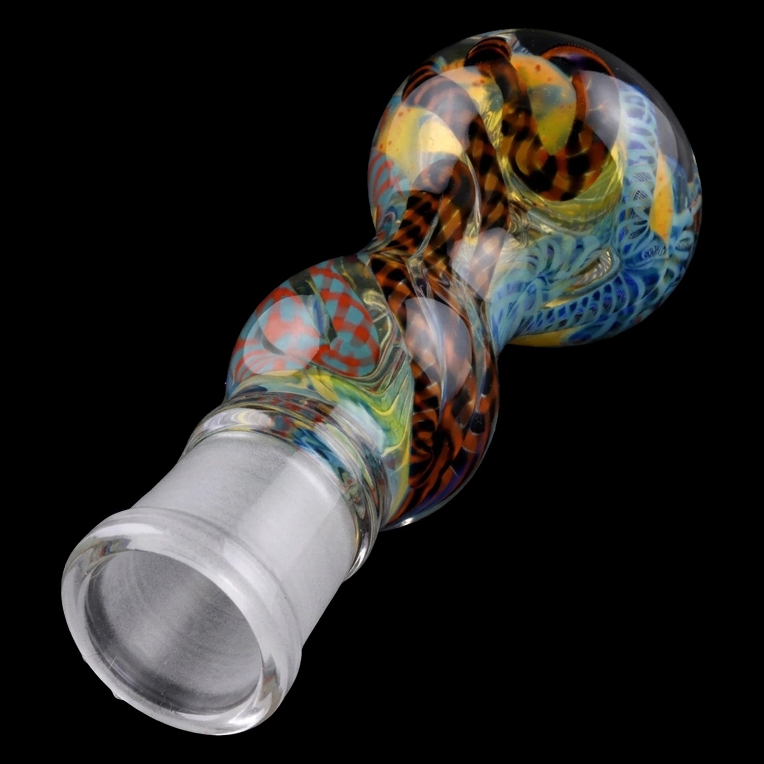 Close-up angled view of the colorful Smoke Cartel Caterpillar Latticino Bowl showing twisted latticino patterns and a frosted glass joint against a black background