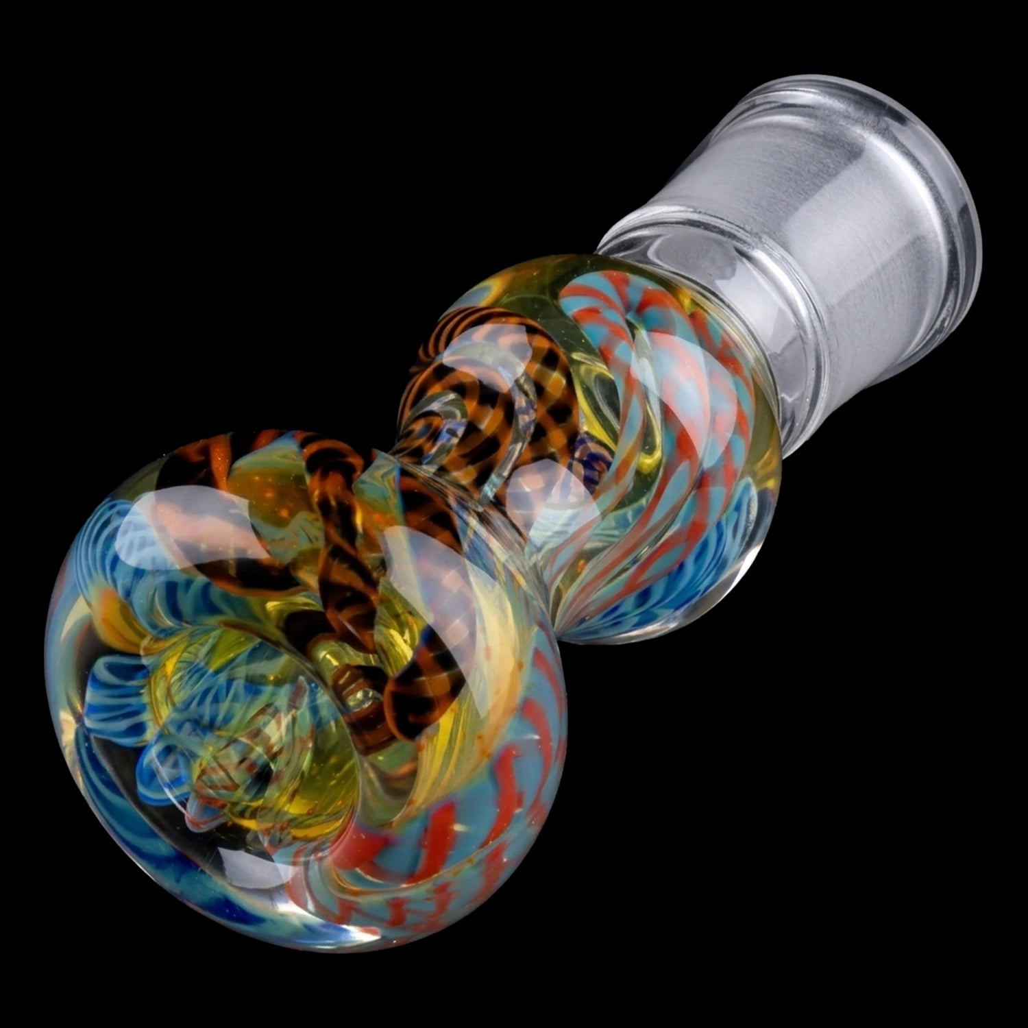 Close-up angled view of the Smoke Cartel Caterpillar Latticino Bowl showing colorful twisted latticino spirals against black.