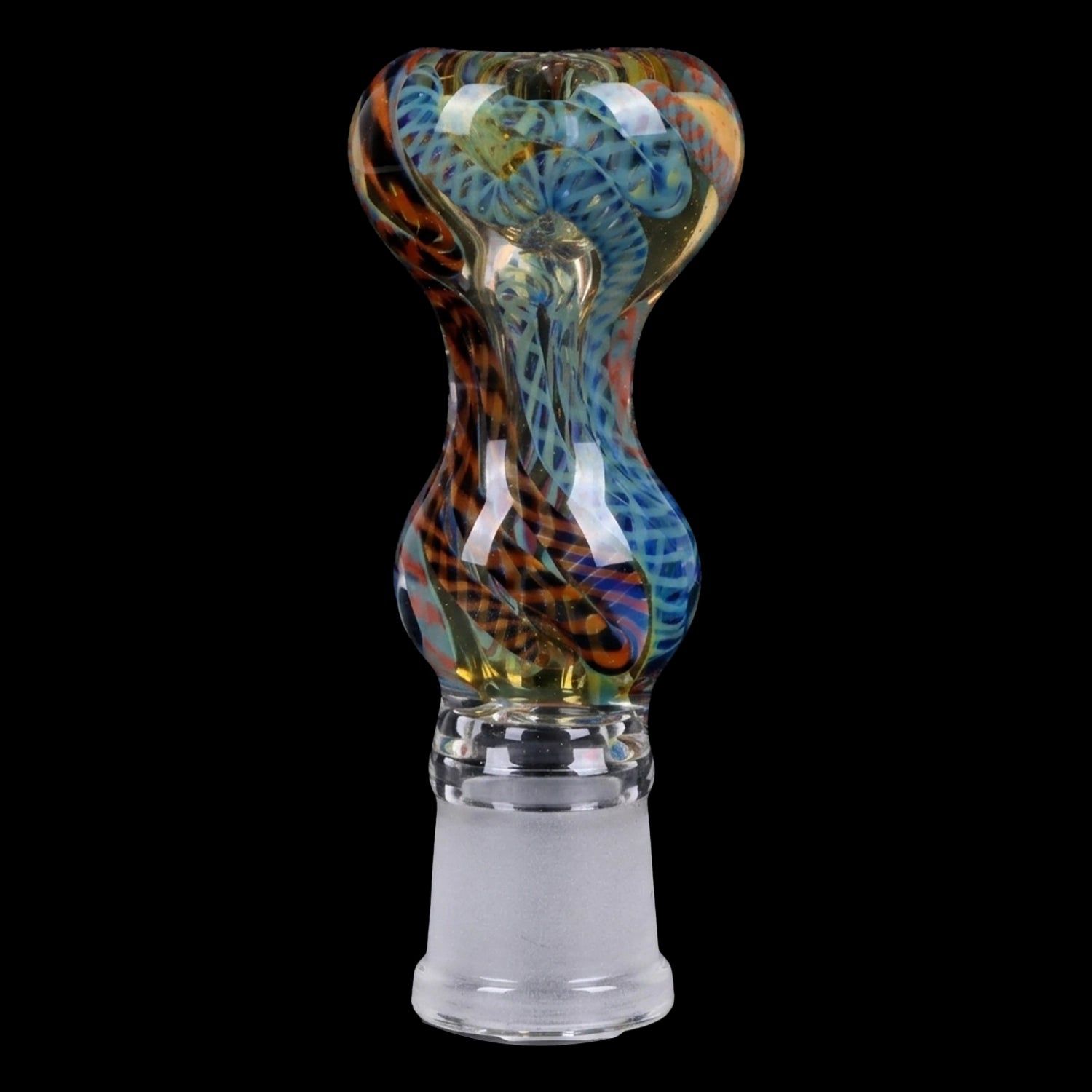 Close-up front view of the Smoke Cartel Caterpillar Latticino Bowl showing its twisted blue and orange latticino patterns inside clear glass against a black background