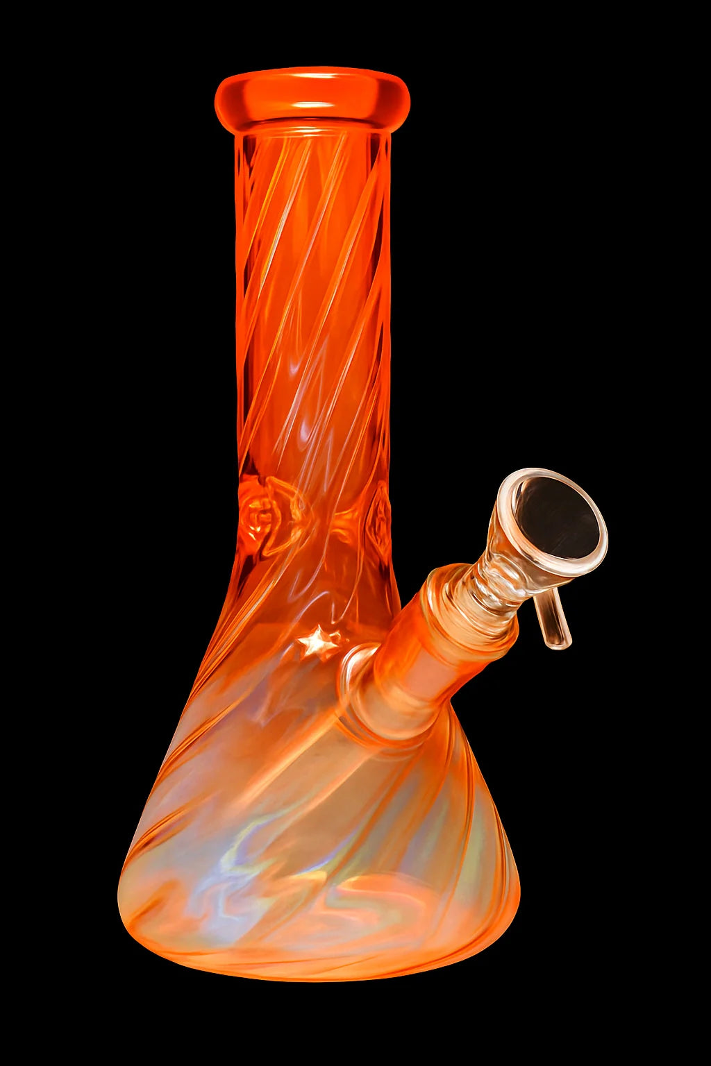 Centered front view of the Smoke Cartel Twisted Beaker Bong - 8 in. in translucent orange glass with diagonal twist detailing against a black background