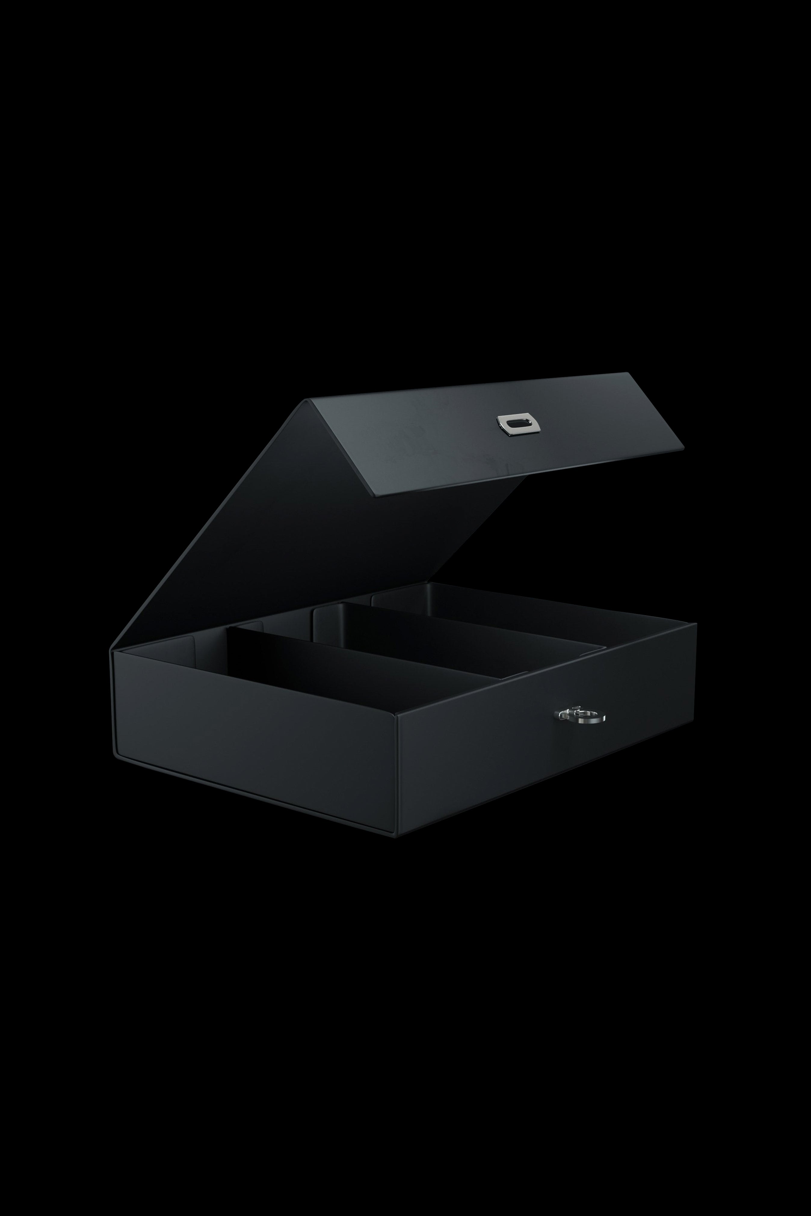 Black cannabis accessory storage box with internal compartments and a combination lock.