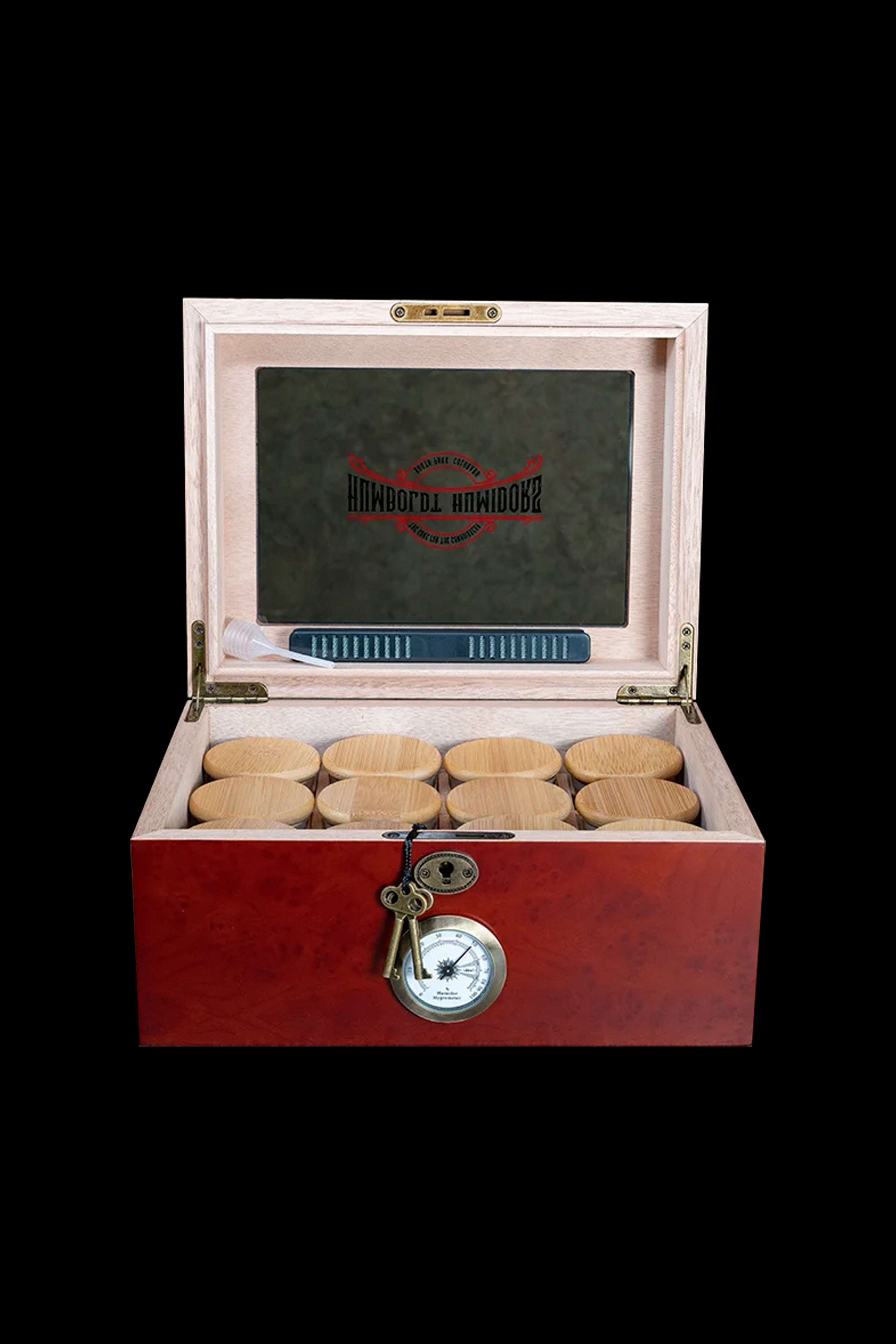 Wooden cannabis storage box with humidity gauge and filter stones.