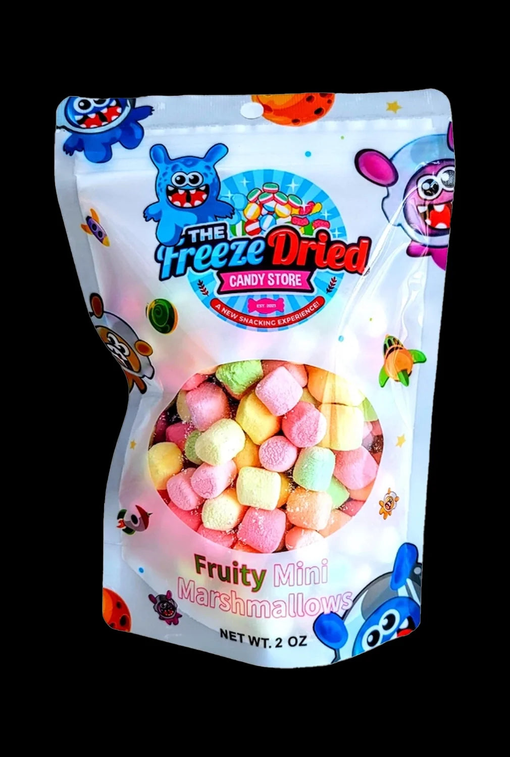 A colorful, sealed bag of “Fruity Mini Marshmallows” from “The Freeze Dried Candy Store,” likely a cannabis-infused edible.