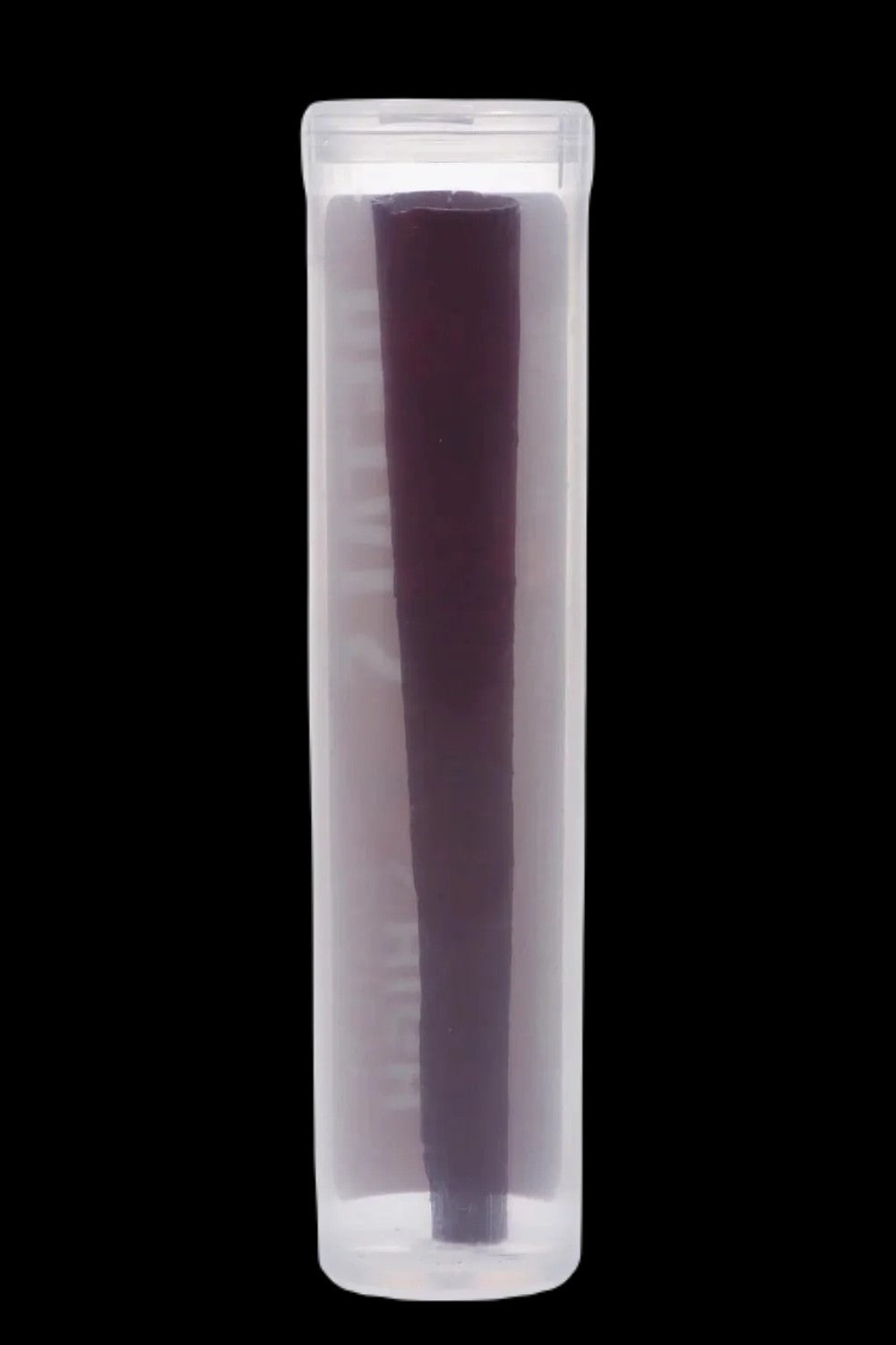 Clear plastic tube containing a pre-roll cannabis cigarette.