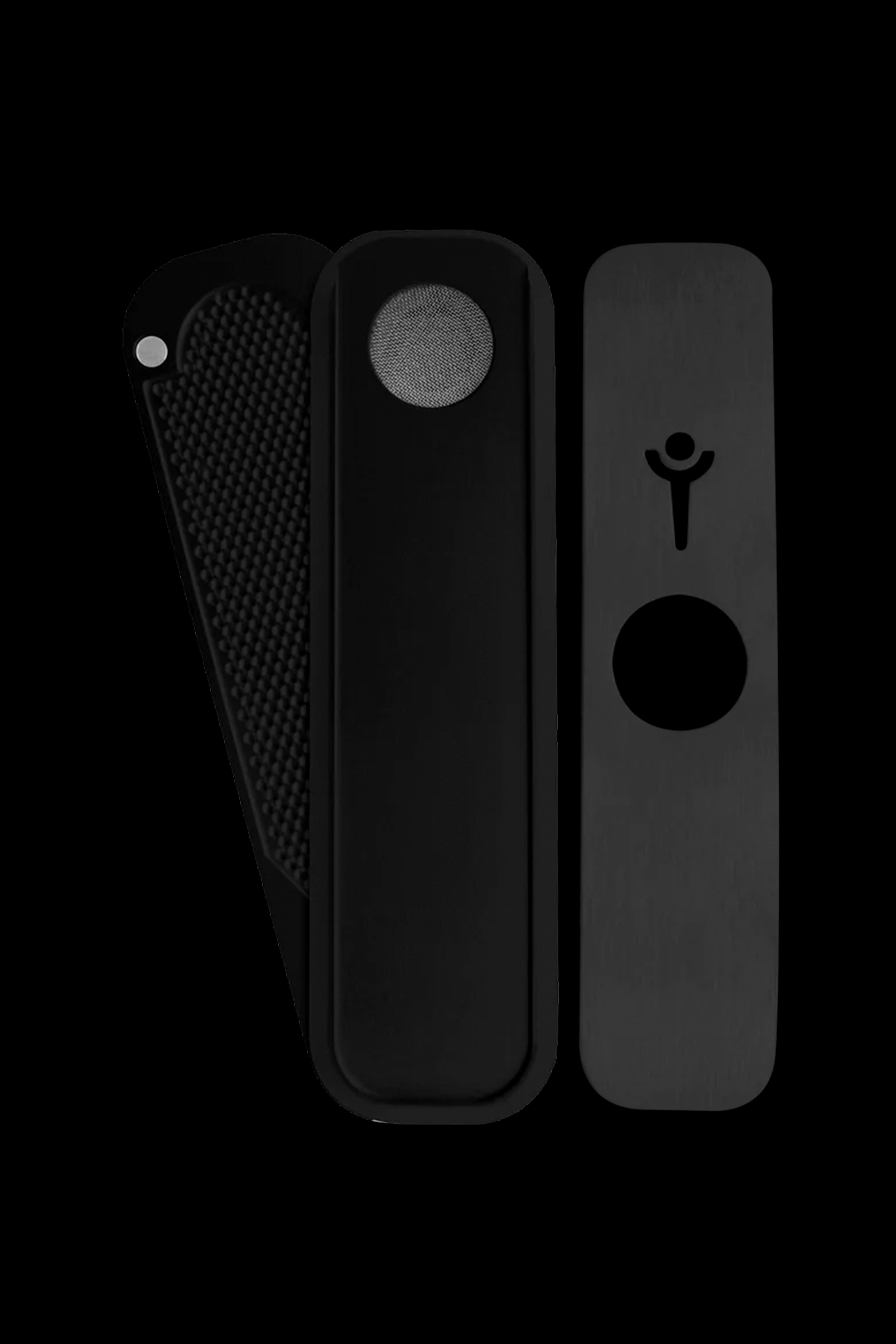 Black Pax Plus cannabis vaporizer device disassembled, showing the body, cover, and mouthpiece.