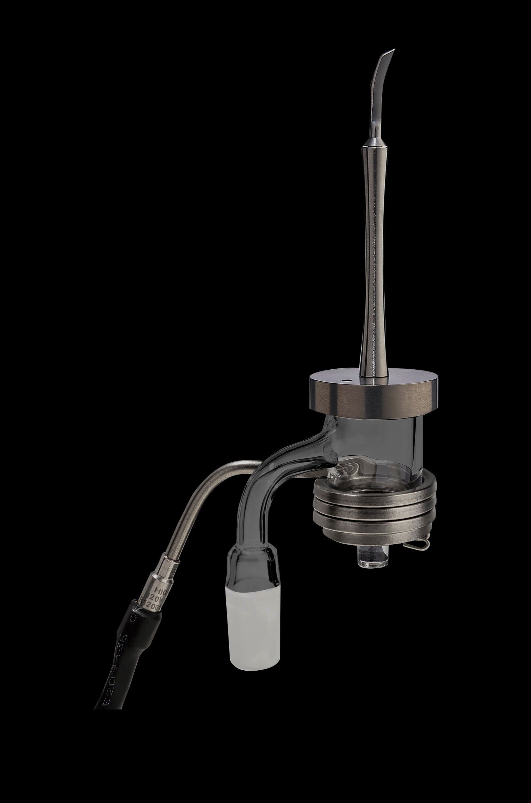 Glass dab rig with coiled neck and angled joint.