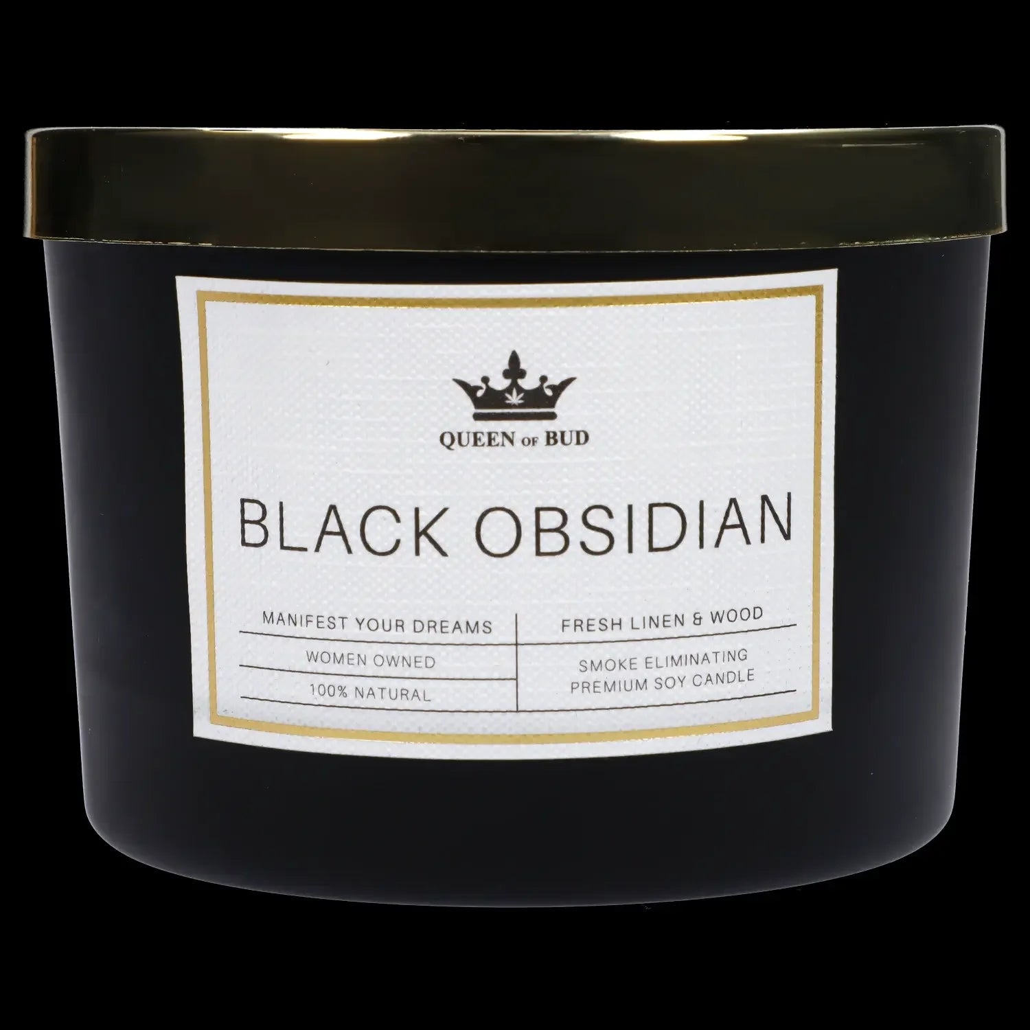 Black “Queen of Bud” candle labeled “Black Obsidian” with text indicating it's a smoke-eliminating, 100% natural soy candle.