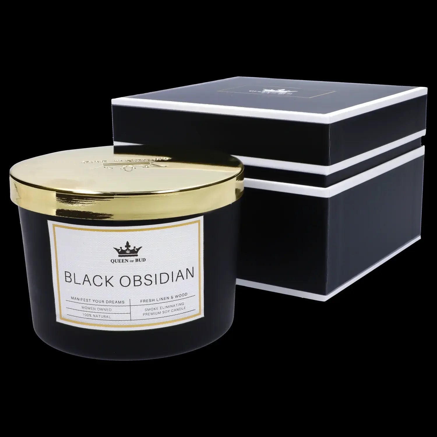 Black obsidian-labeled cannabis accessory soy candle with gold rim and matching gift box.