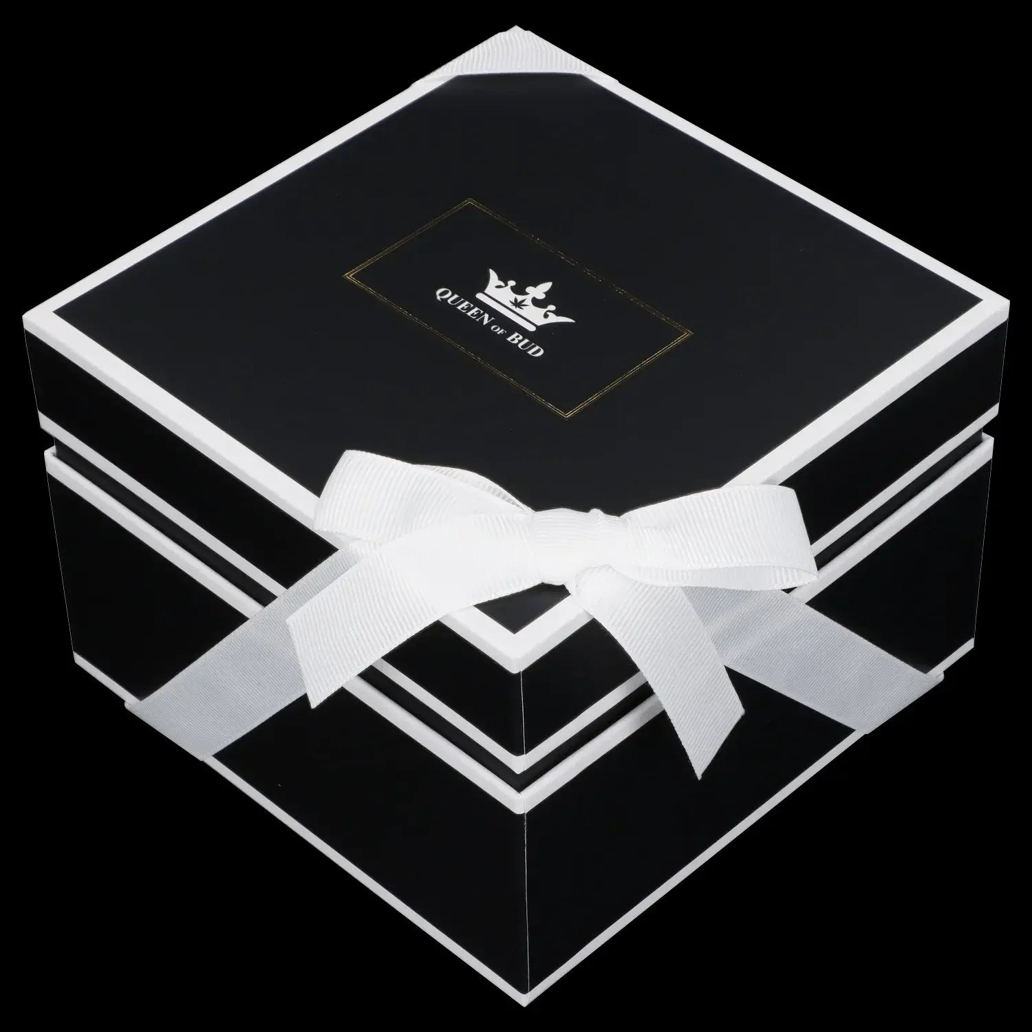 Black gift box with white ribbon and gold “Queen of Bud” logo, likely for cannabis accessories.