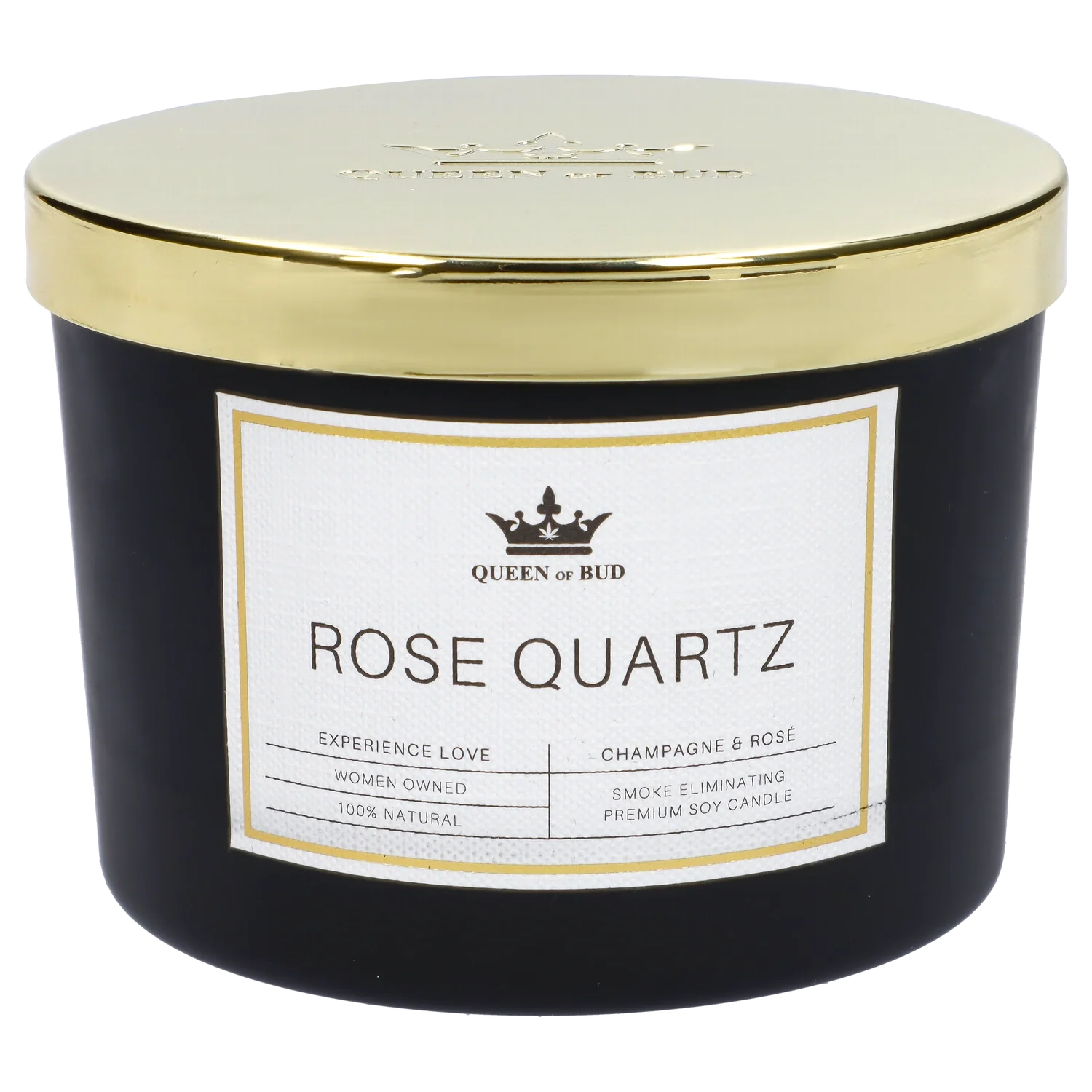 Black glass candle with a gold lid and label reading “Rose Quartz” and “Queen of Bud,” marketed as smoke eliminating and 100% natural.