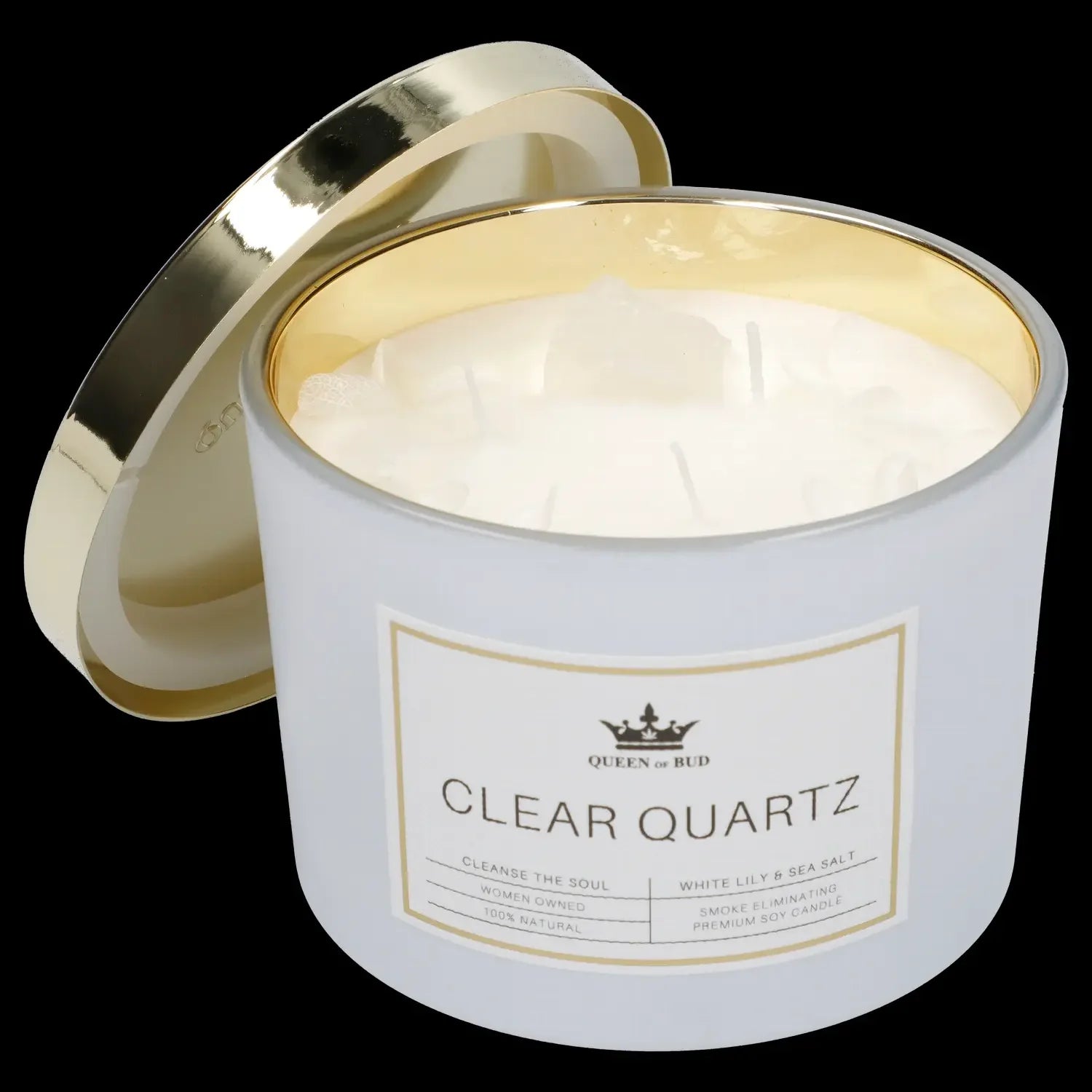 White candle jar with gold lid labeled "Clear Quartz" and branding for "Queen of Bud," promoting a "cleanse the soul" aromatherapy experience.