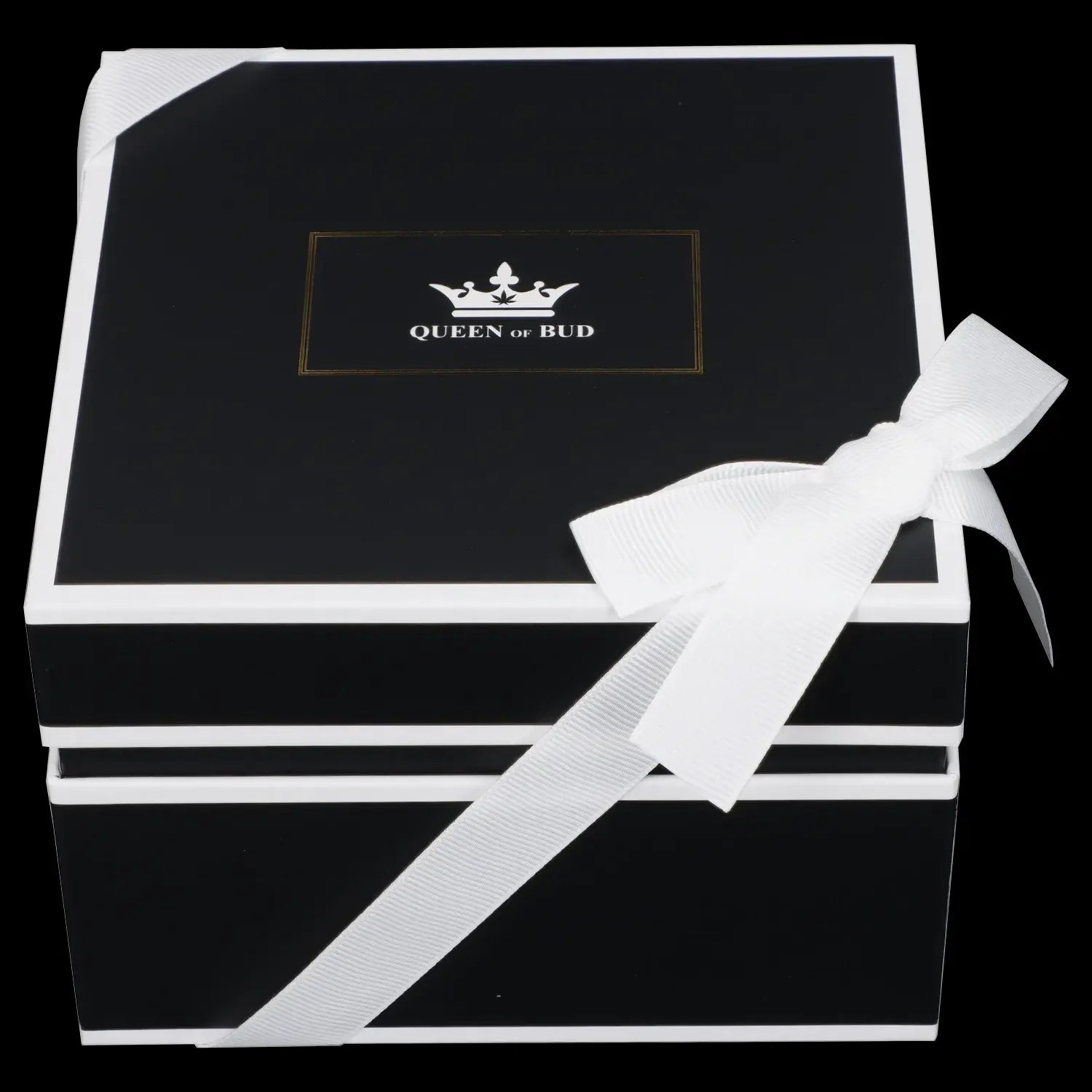 Black gift box with white ribbon and gold “Queen of Bud” logo.