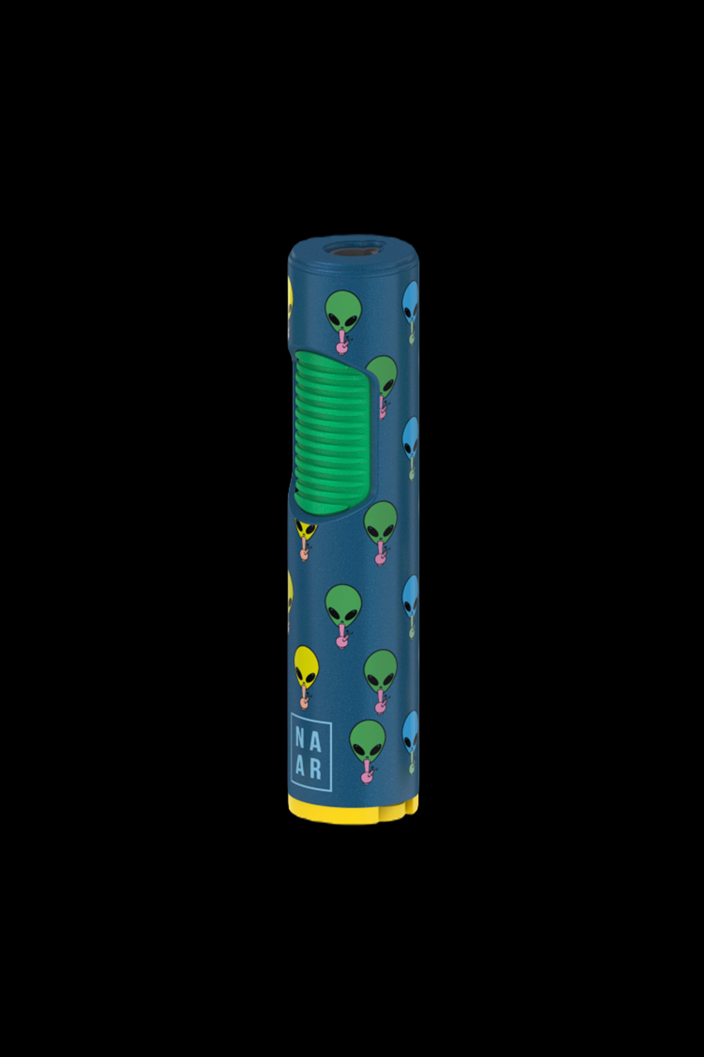 Blue and yellow cannabis grinder decorated with green alien illustrations.