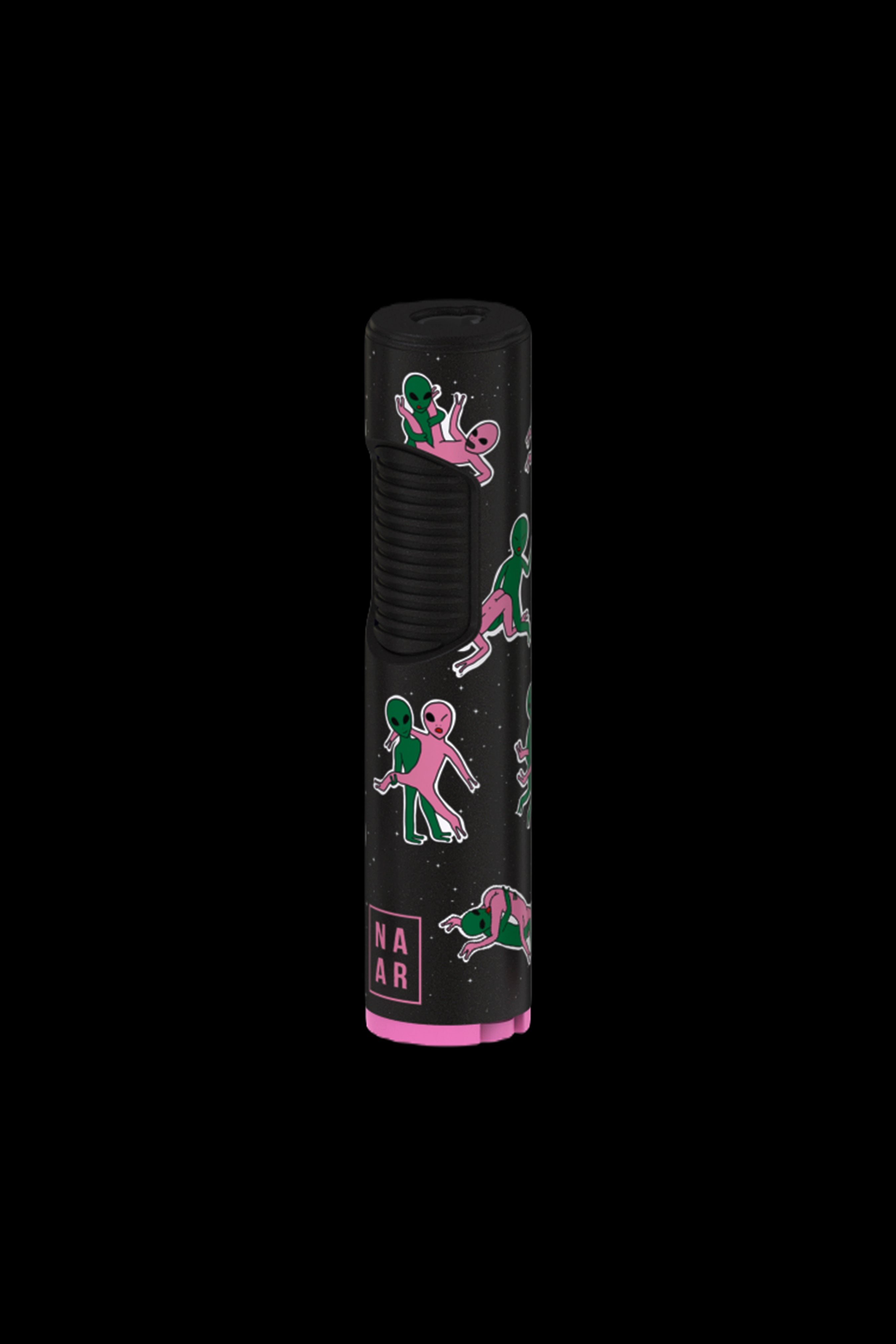 Black cannabis grinder with a repeating pattern of neon pink and green aliens skating, branded with “NAAR” in white.