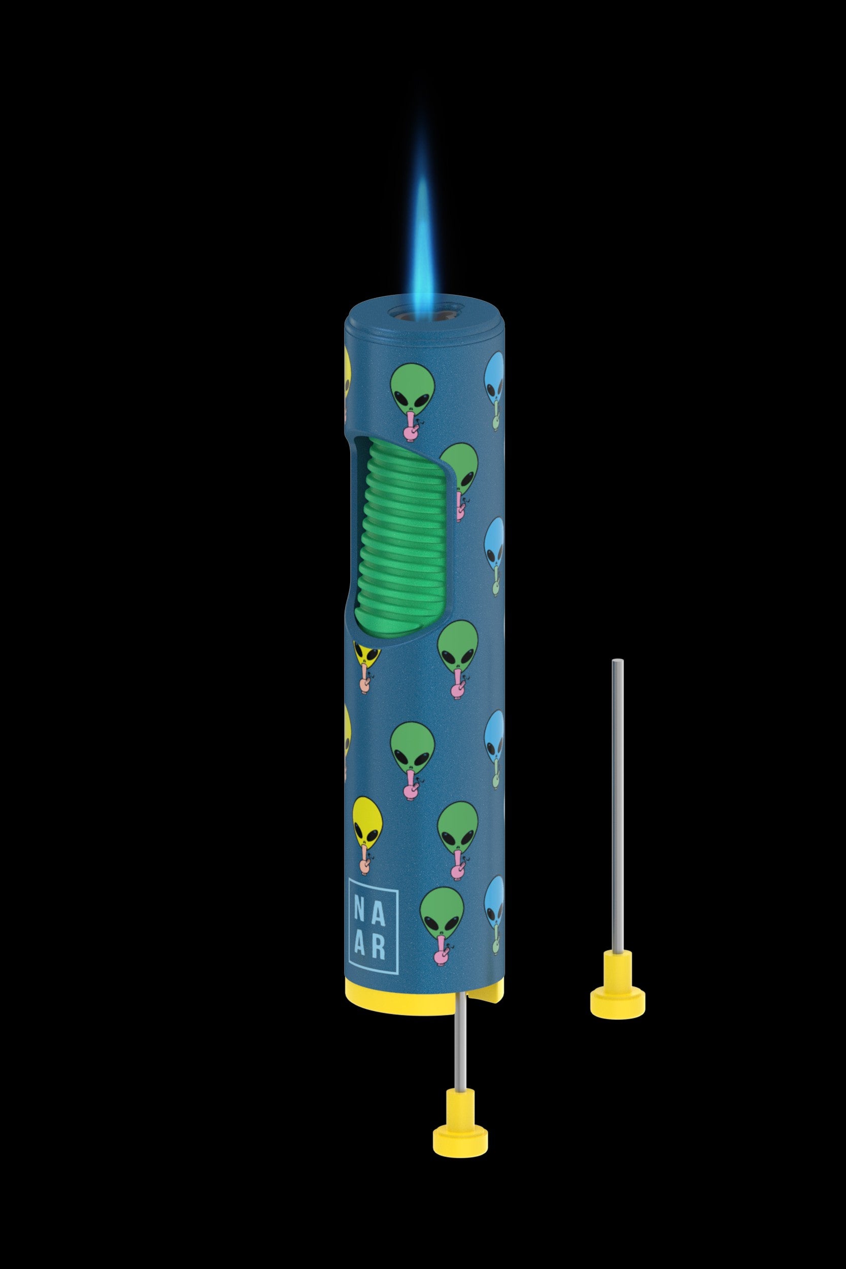 Butane torch lighter with alien design and two replacement nozzles, isolated on a black background.