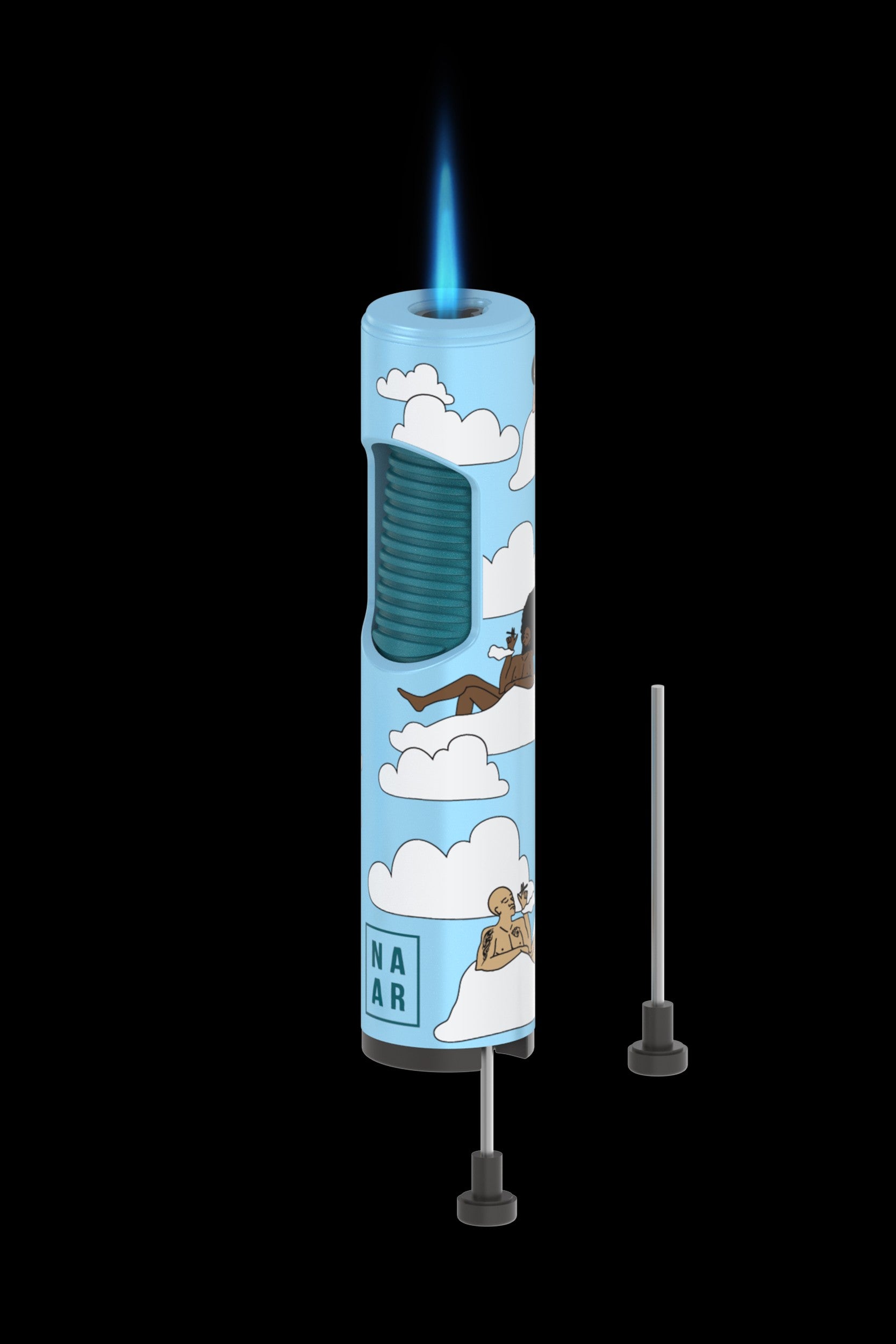 A colorful, illustrated cannabis oil vaporizer pen with a blue and cloud-themed design, accompanied by two metallic dab tool attachments.
