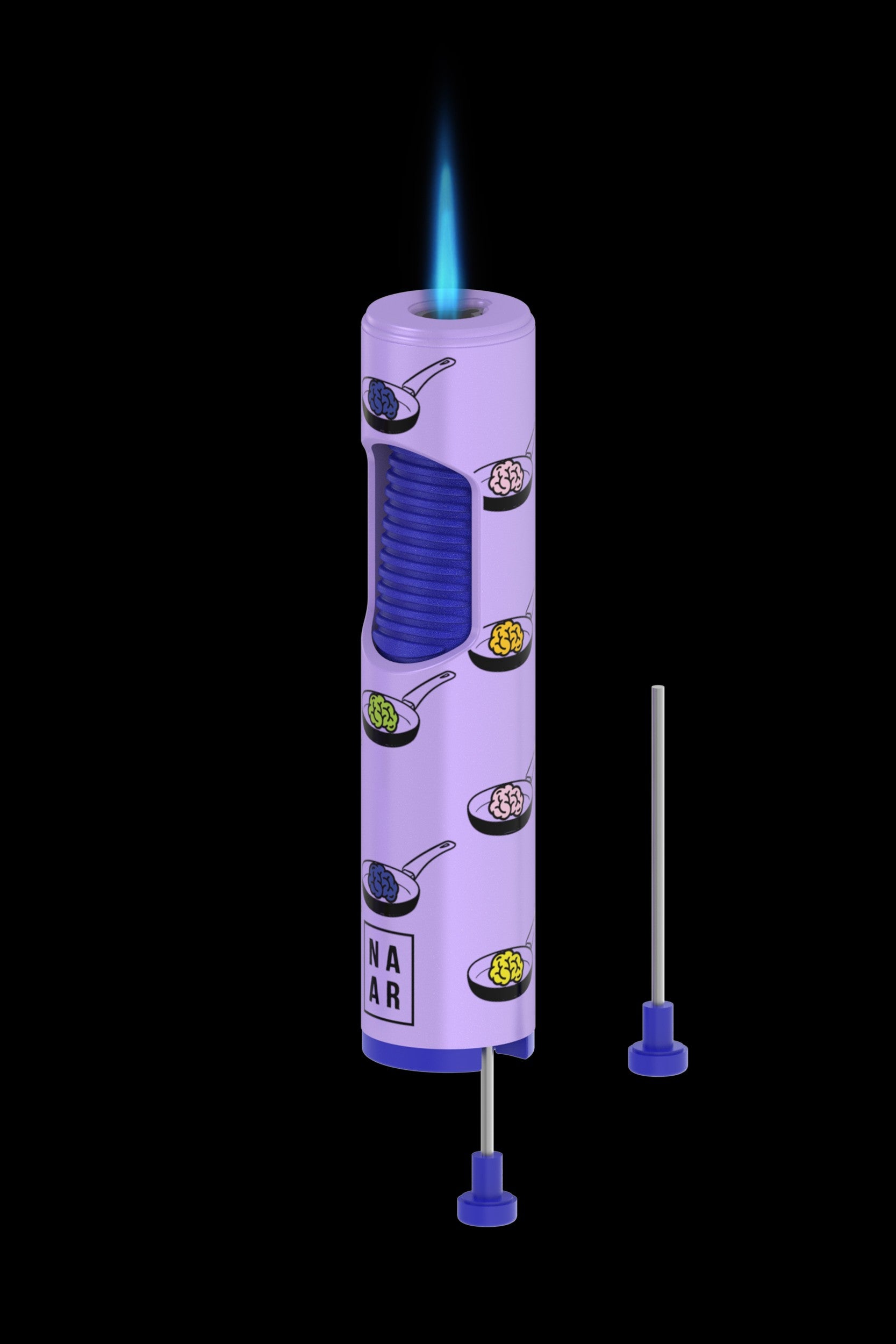 Lavender butane torch lighter with frying pan and egg graphics, accompanied by two dab tool attachments.