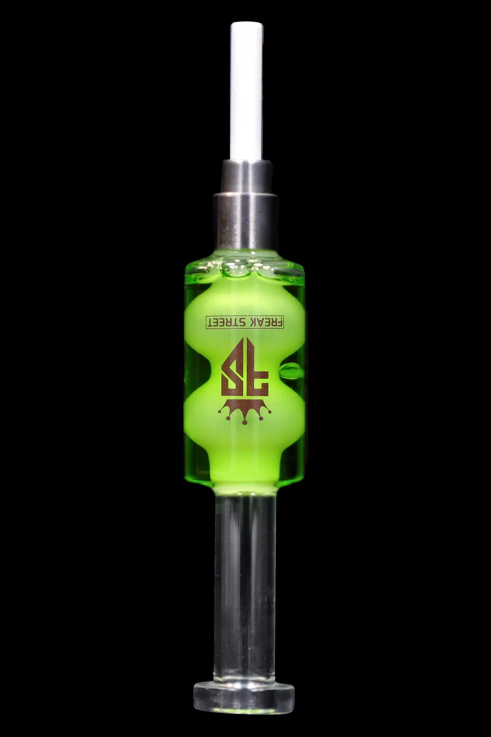 Green and silver cannabis oil syringe with “Freak Street” branding against a black background.
