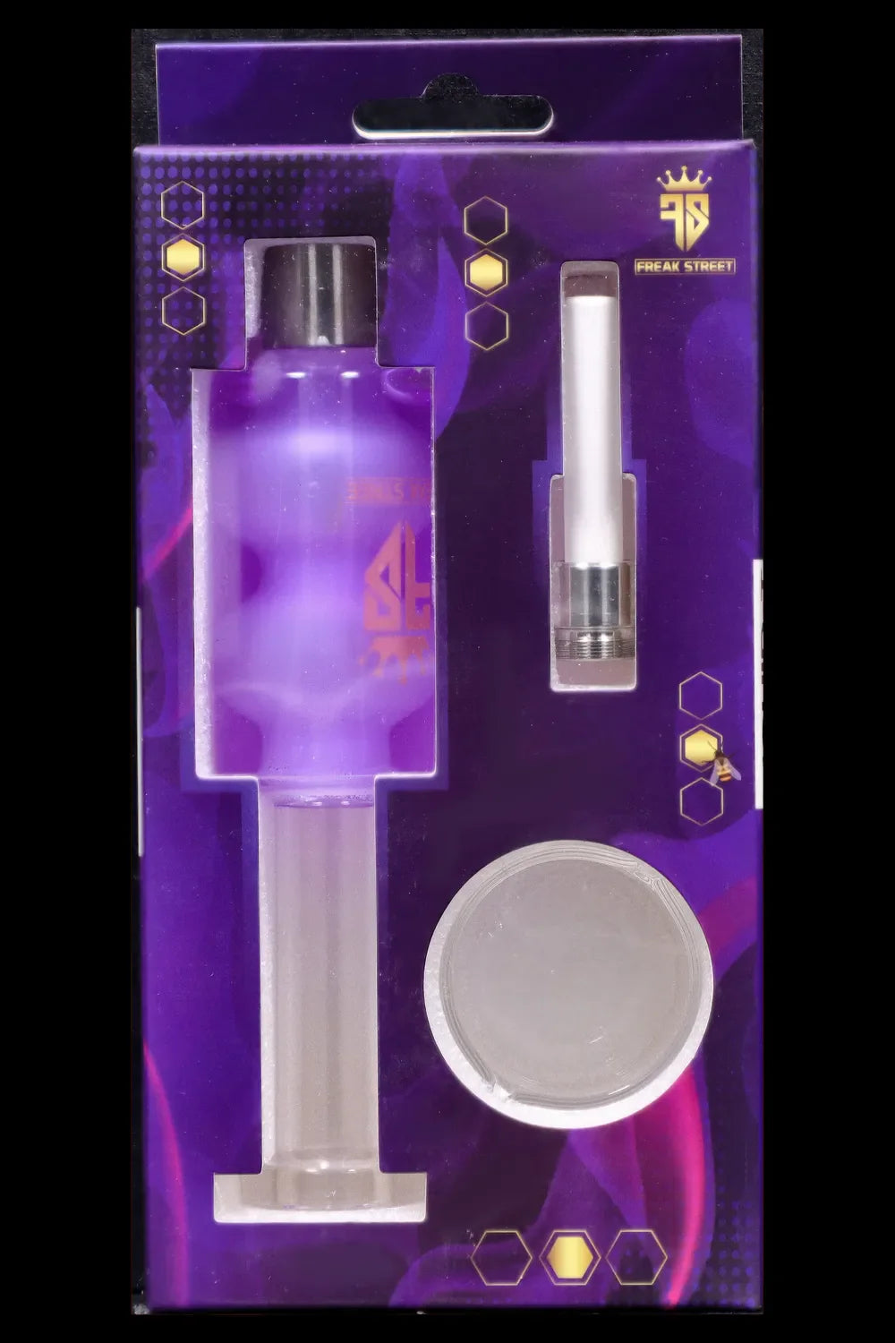 Clear glass cannabis oil rig and accessories packaged on a purple and blue display card with the "Freak Street" logo.