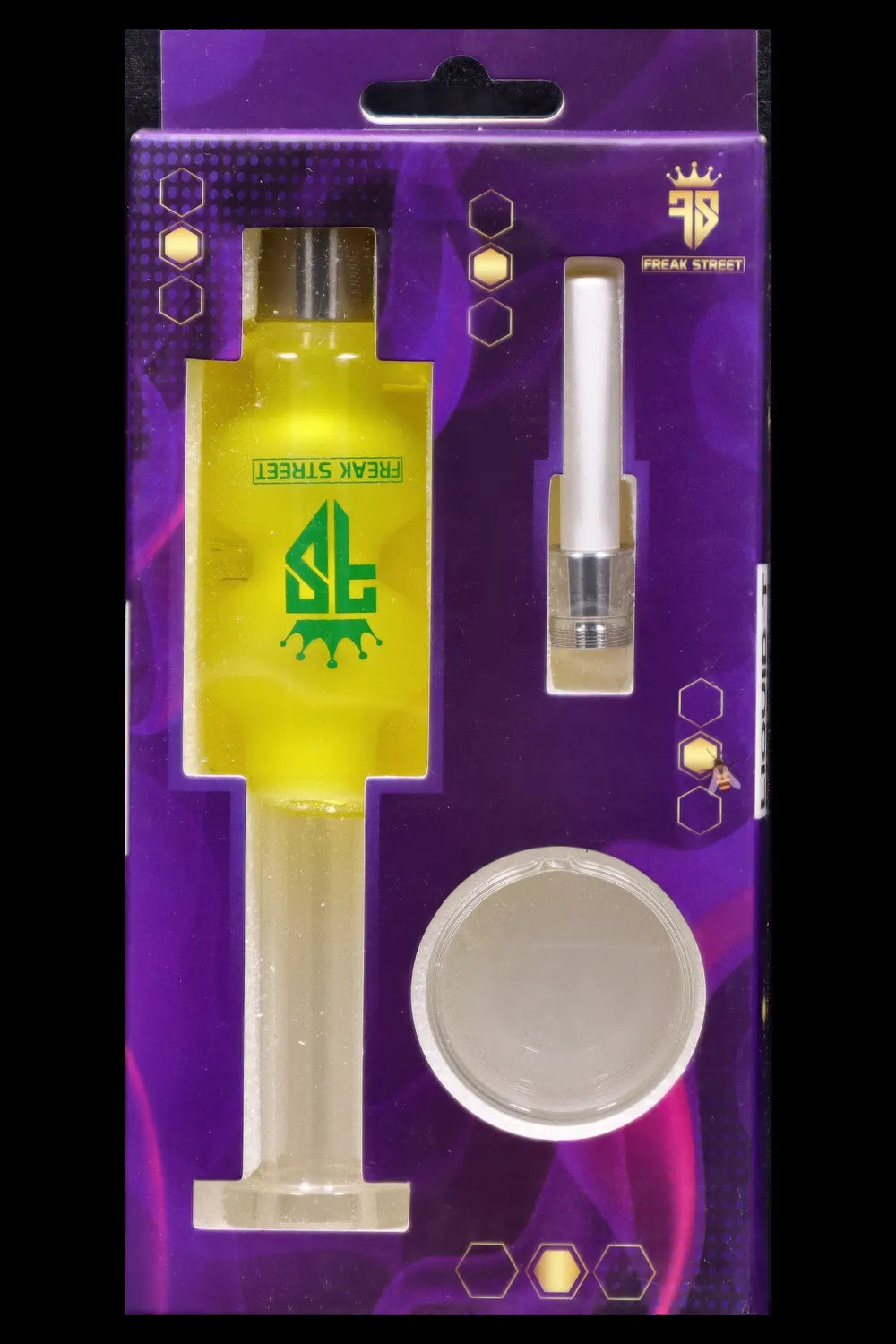 A packaged set of gold-toned cannabis accessories including a pipe, cartridge, and metal plate, branded with “Freak Street.”