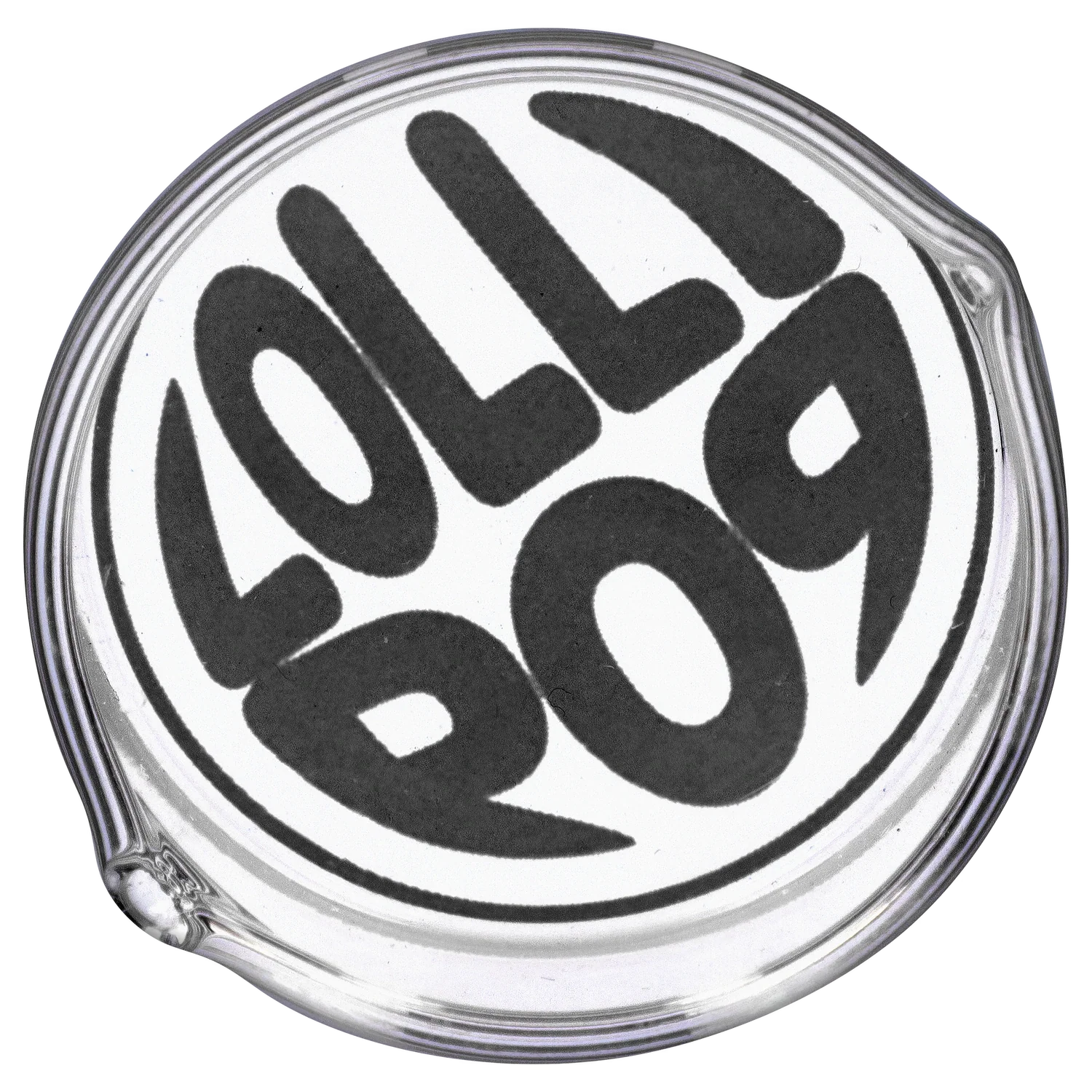 Overhead close-up of a round glass dish with bold black "lollipop" lettering, showing the Lollipop Brand Arm Recyclers Nectar Collector from above.